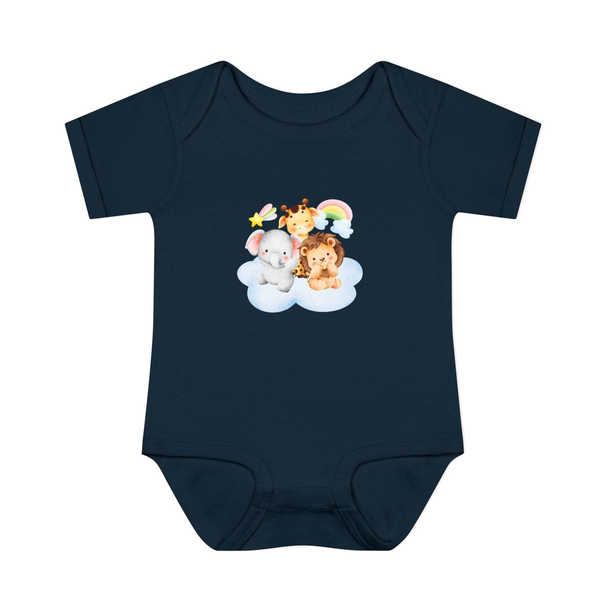 Navy blue baby onesie with cute elephant, giraffe, and lion design on cloud eco-friendly infant clothing