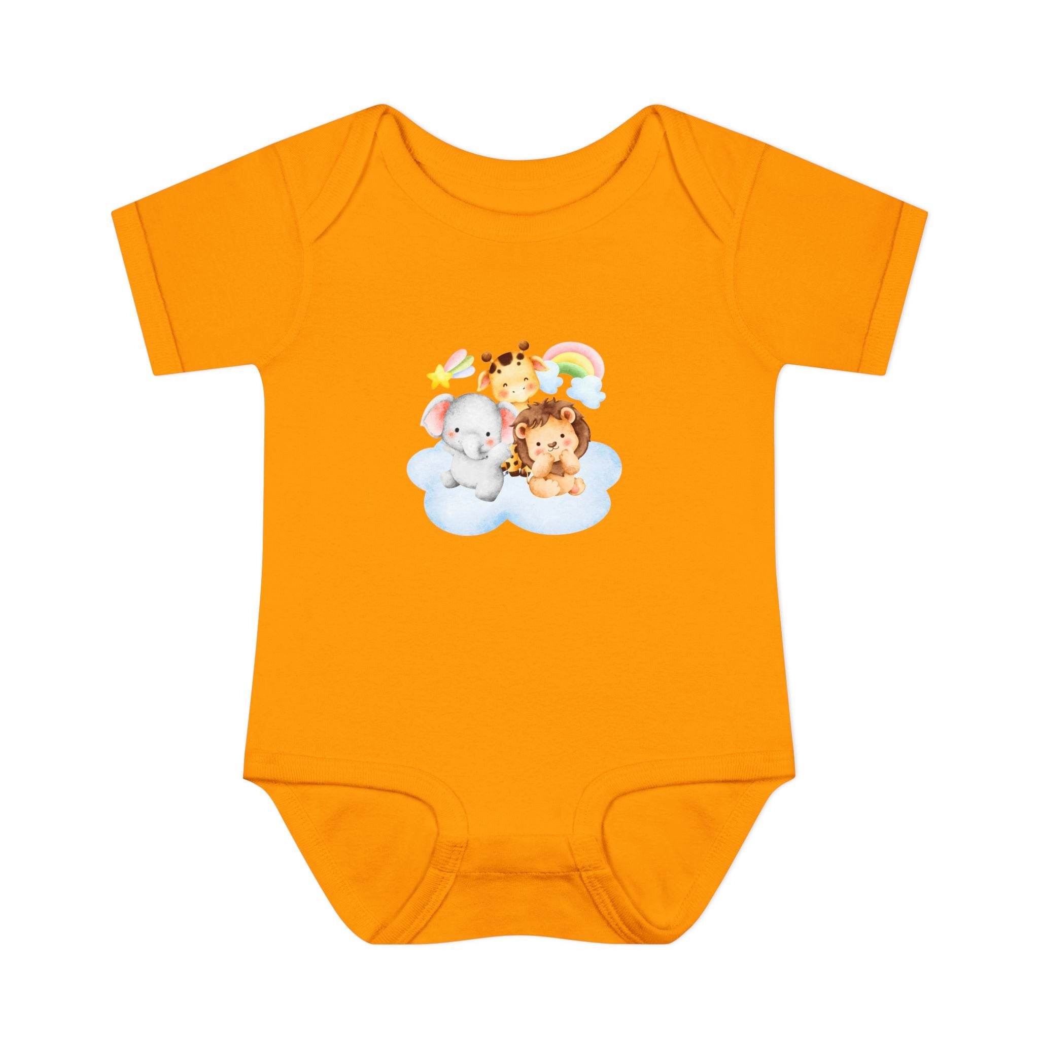 Orange baby onesie with cute animal print on cloud made from eco-friendly infant clothing by Printify
