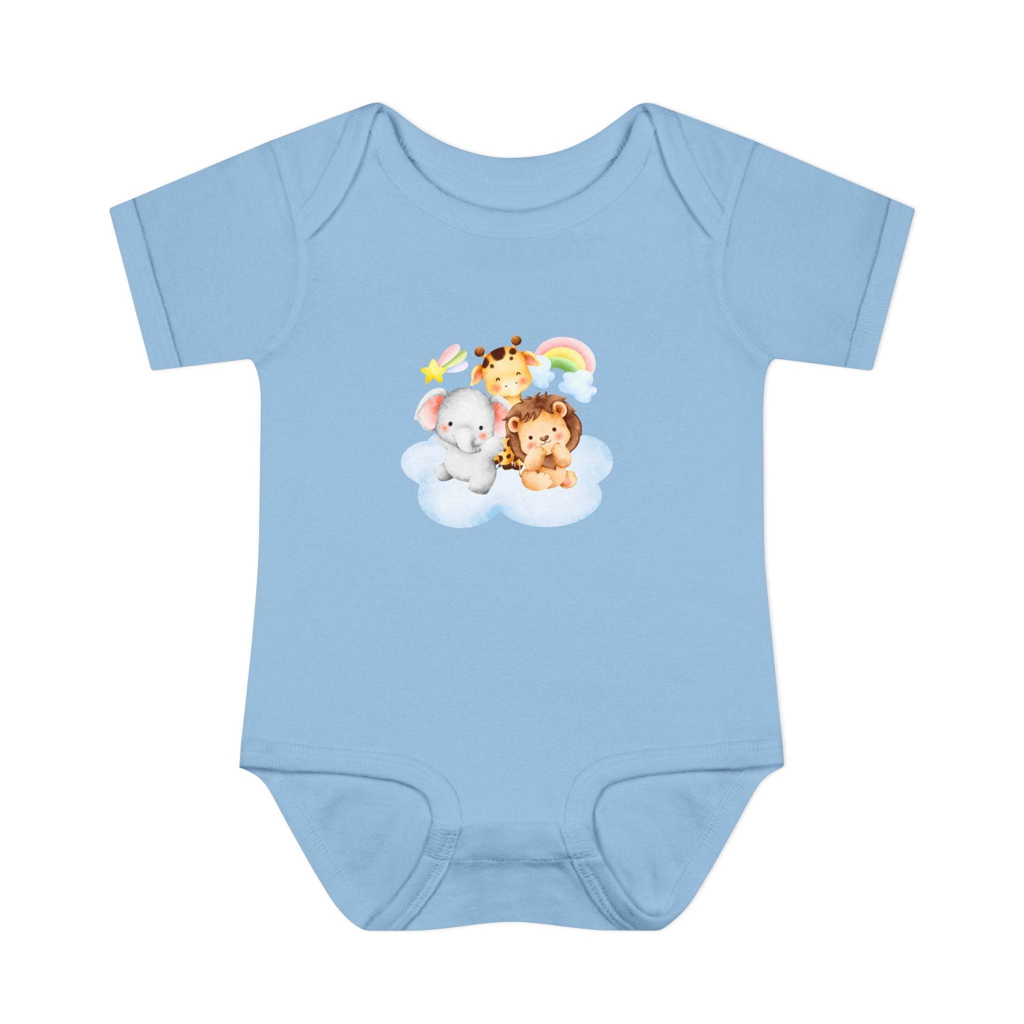 Printify blue baby onesie with cute animal cloud print made from eco-friendly infant clothing material