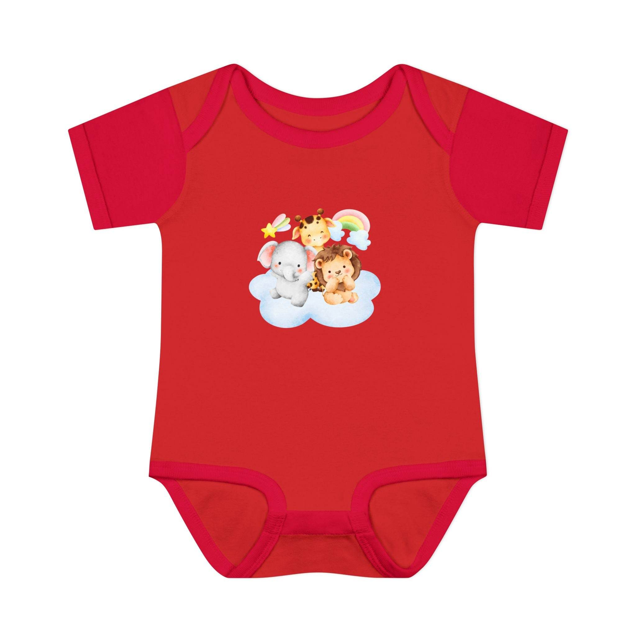 Red baby onesie with cute animal print made from eco-friendly infant clothing by Printify