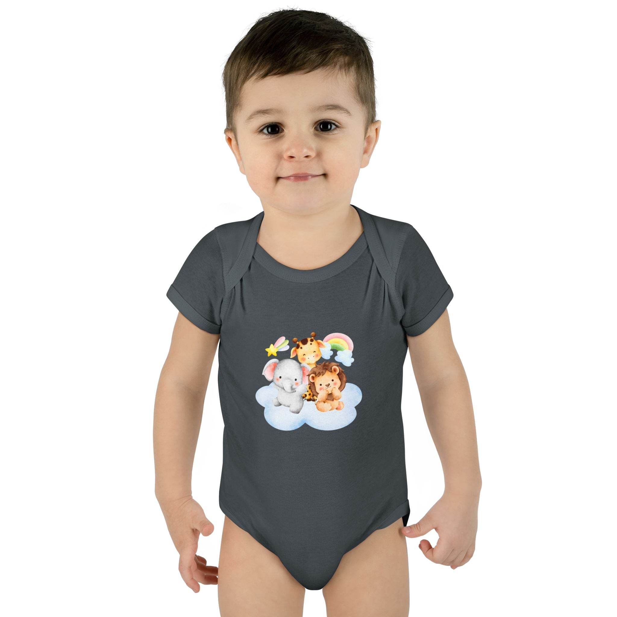 Baby wearing grey bodysuit with cute animal print showcasing eco-friendly infant clothing by Printify