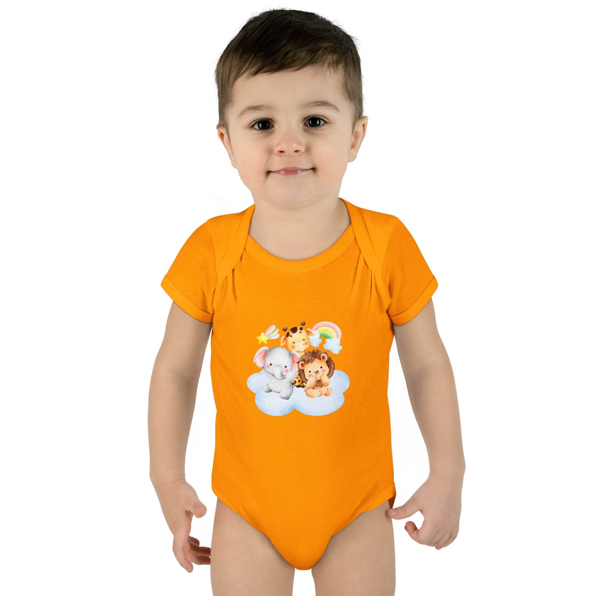 Baby wearing orange eco-friendly infant clothing onesie with cute animal print from Printify