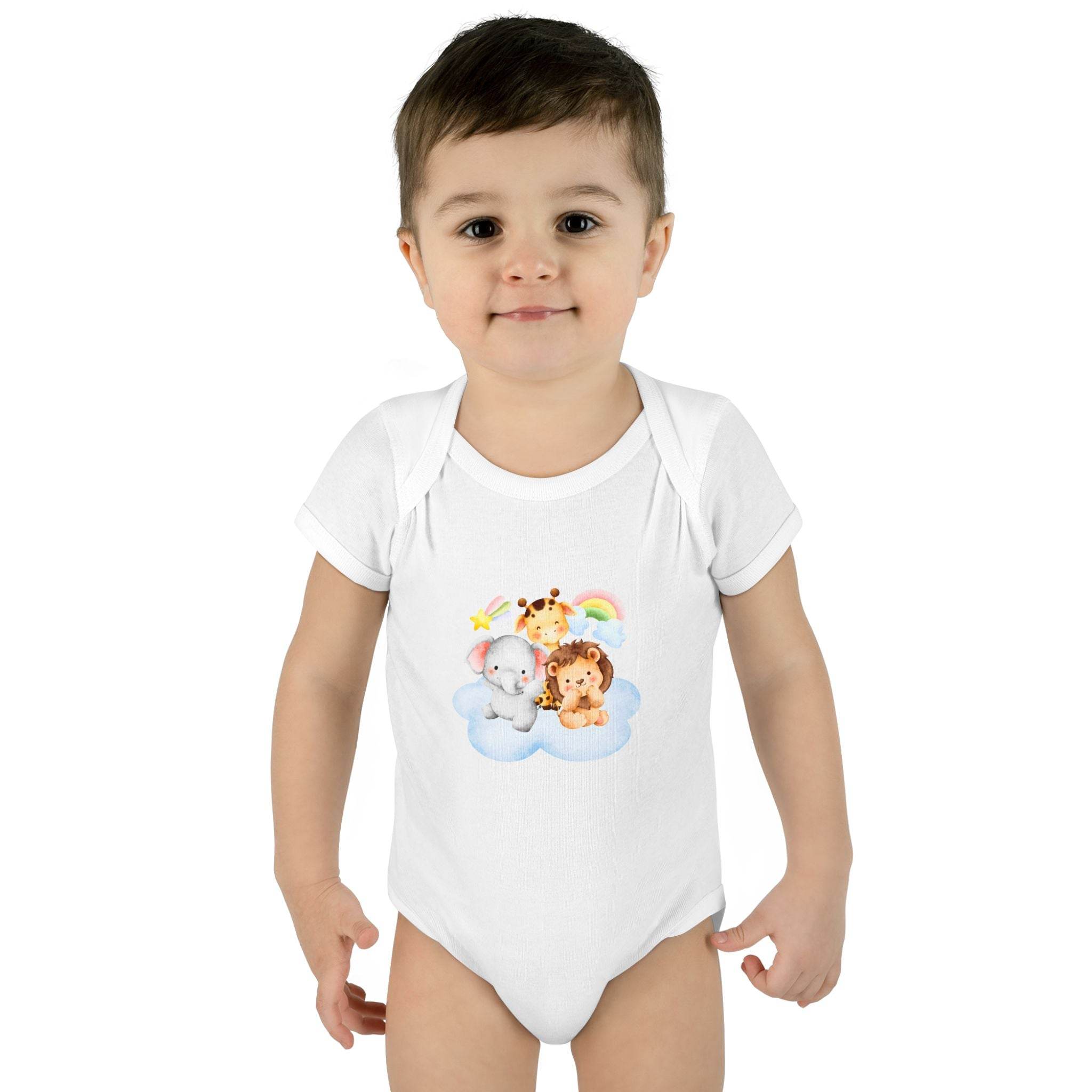 Toddler wearing Printify white bodysuit with animal print showcasing eco-friendly infant clothing