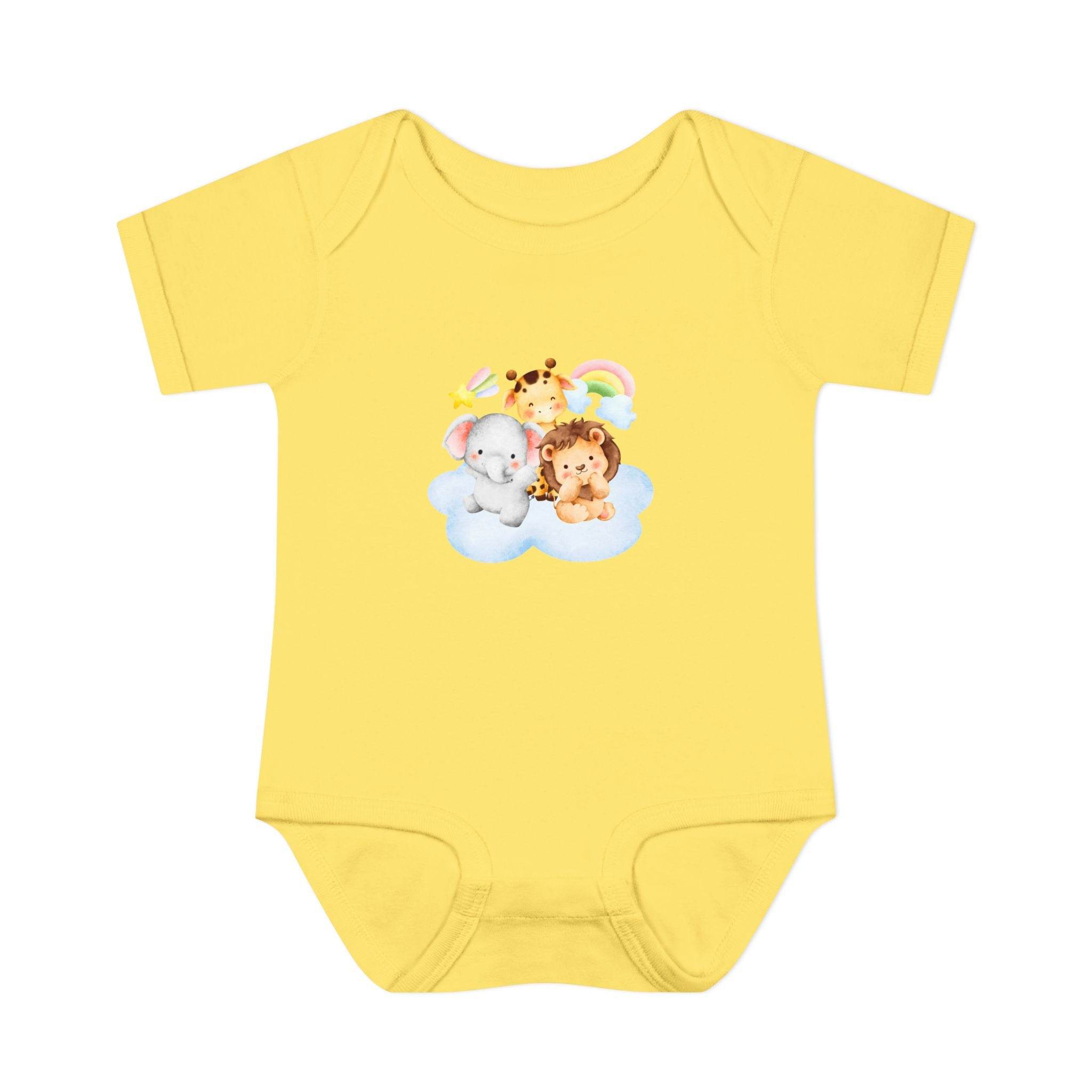 Printify yellow baby onesie featuring cute animal designs made from eco-friendly infant clothing material