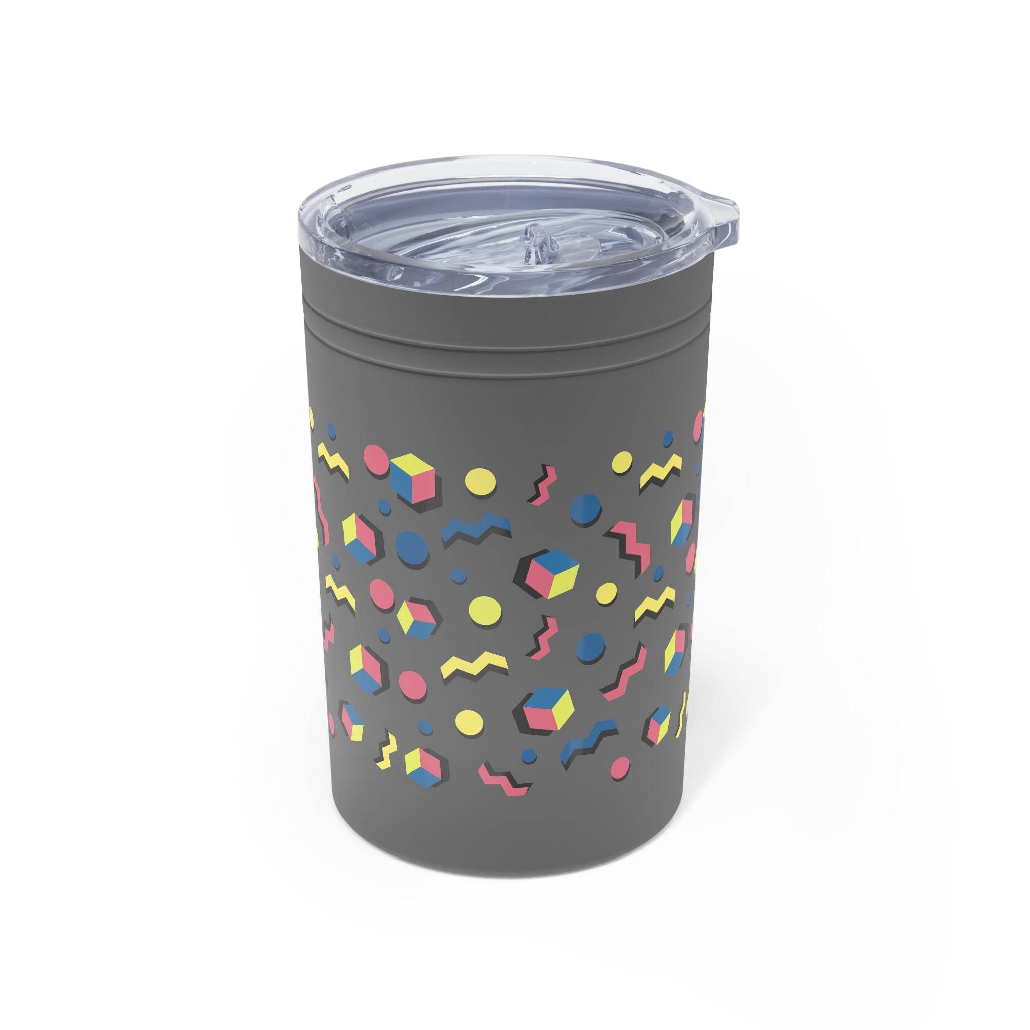 Printify eco-friendly insulated tumbler with gray body and colorful geometric shapes design