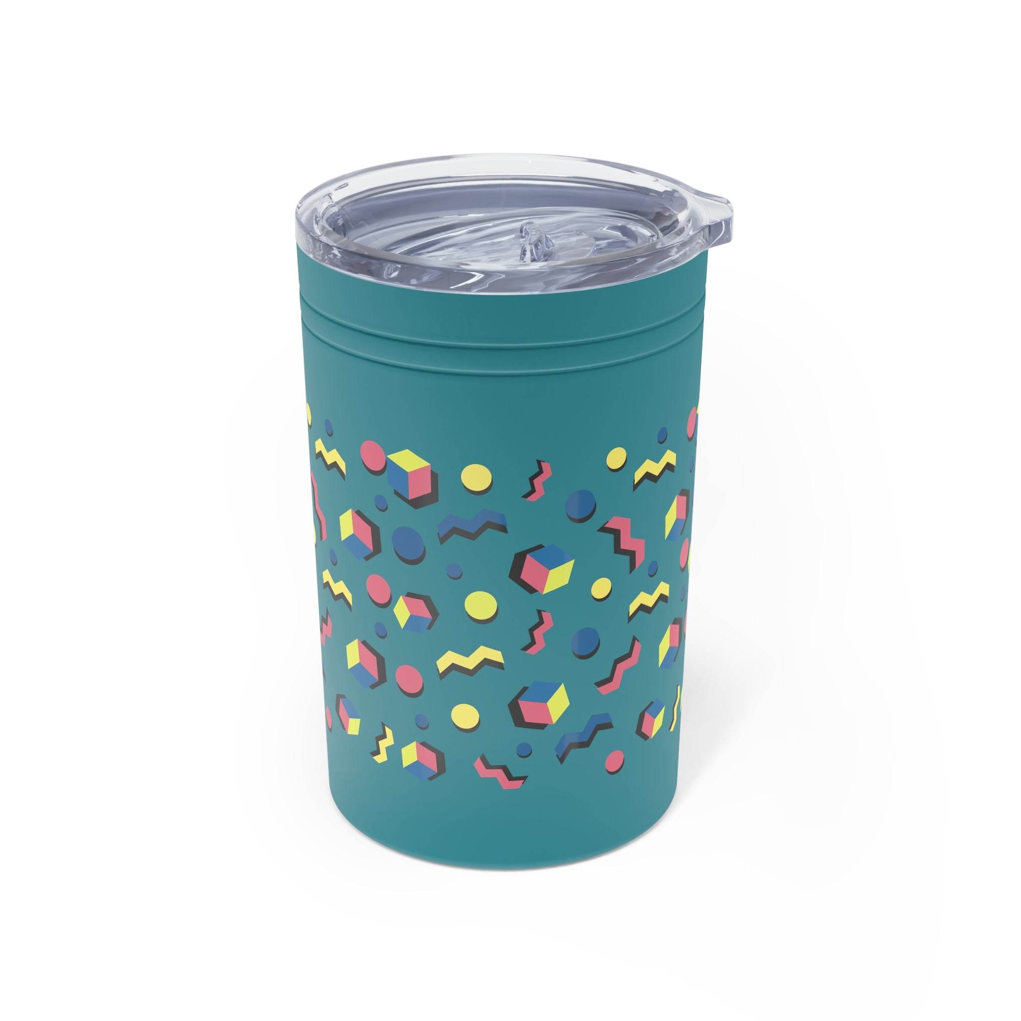 Printify eco-friendly insulated tumbler with geometric colorful pattern and clear lid