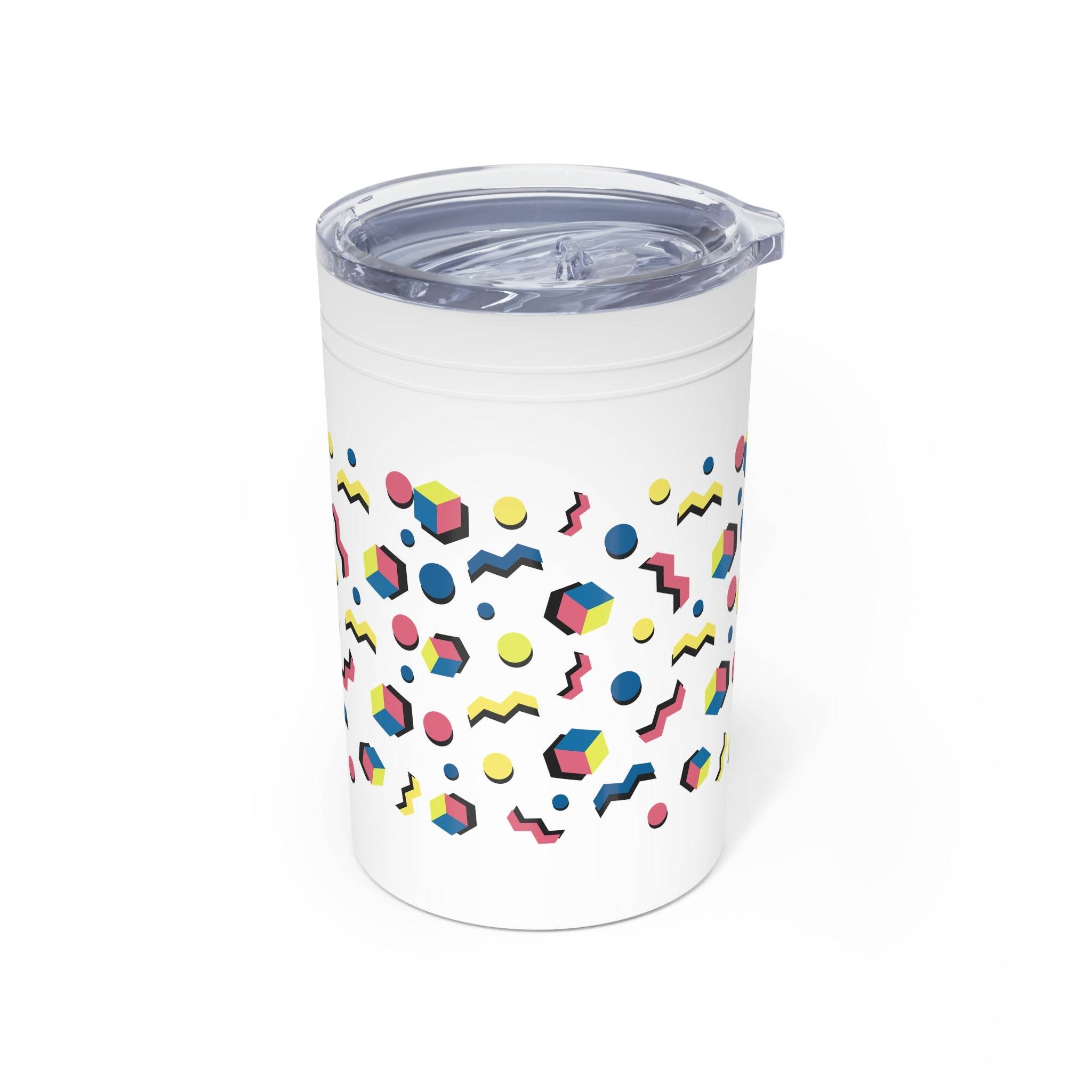 Printify eco-friendly insulated tumbler with colorful geometric shapes on white background and clear lid