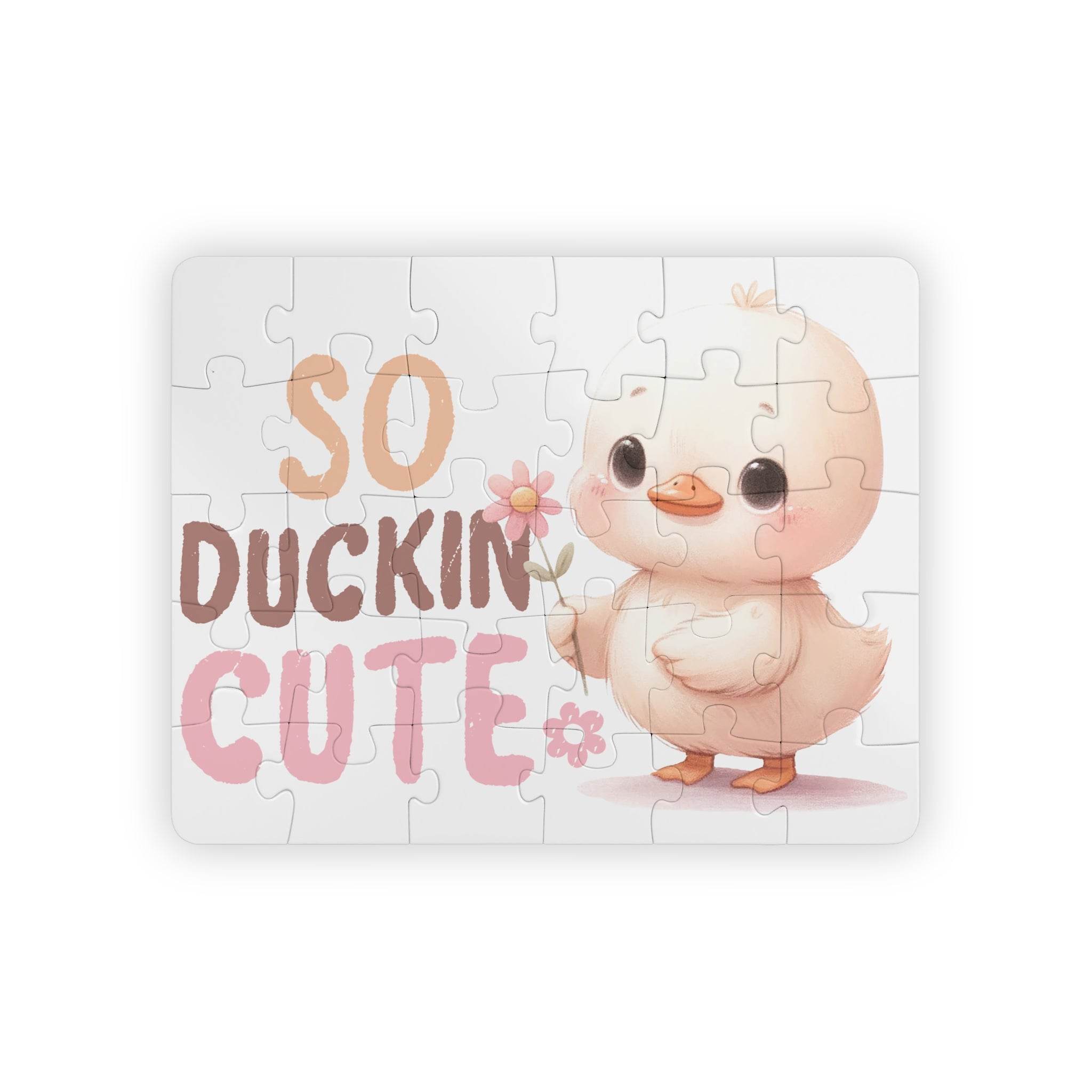 Printify eco-friendly kids puzzle with cute duckling holding a flower and text so duckin cute
