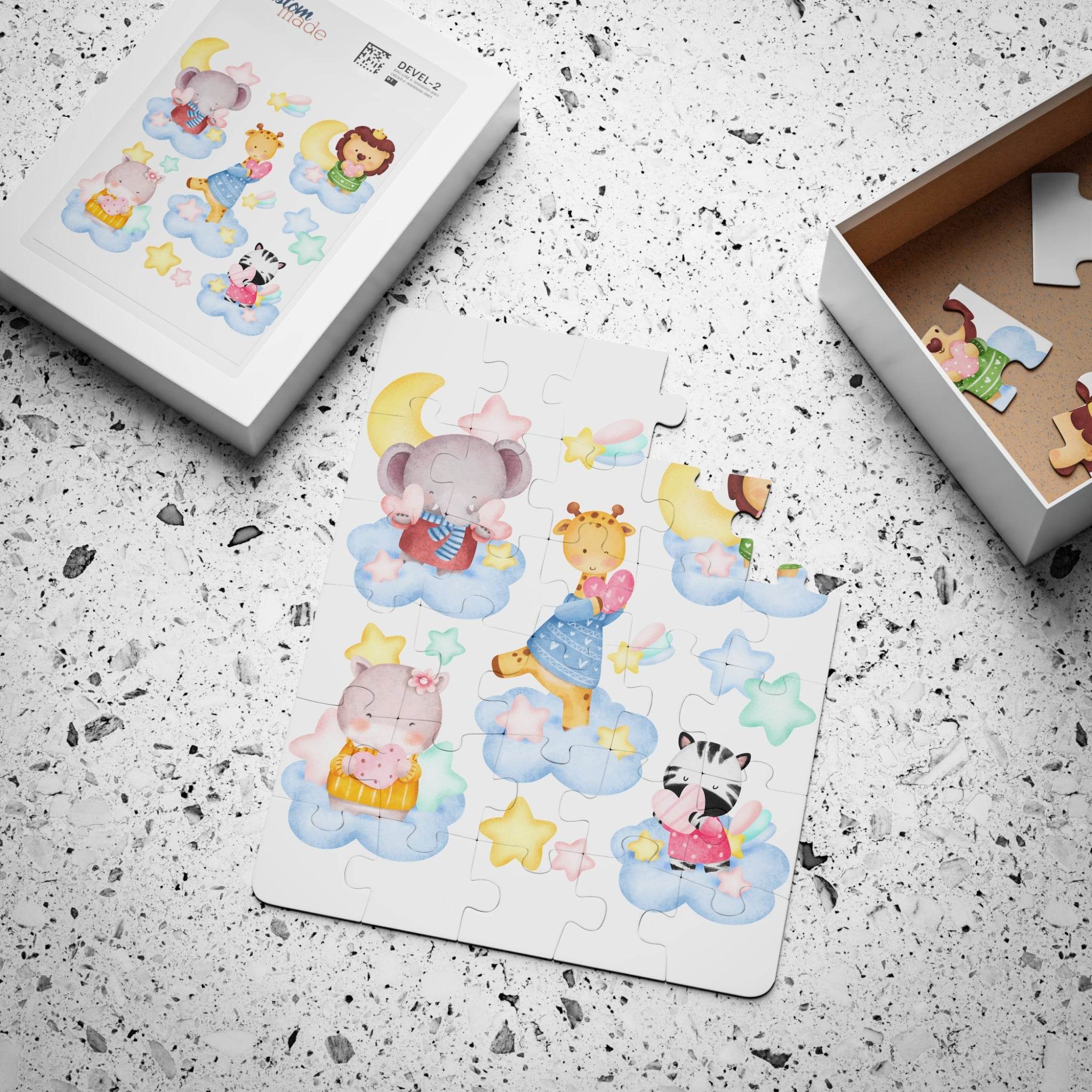 Printify eco-friendly kids puzzle featuring cute animal characters on clouds with stars and moon