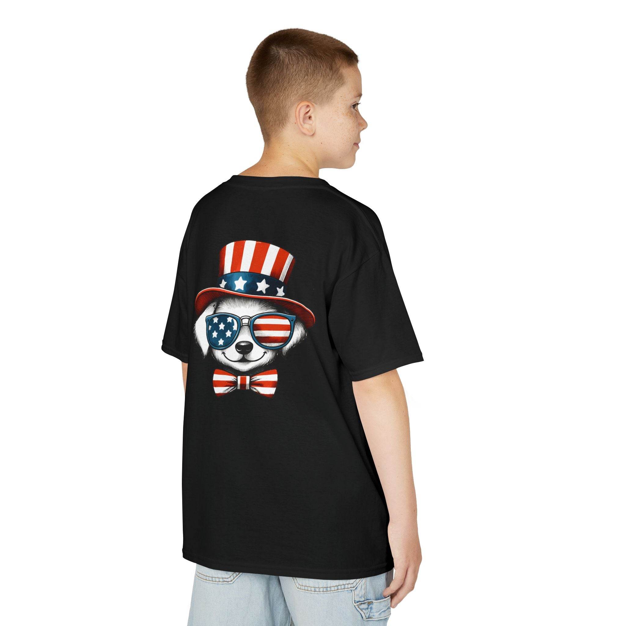 Printify eco-friendly kids t-shirt in black with patriotic bear wearing USA flag hat and sunglasses