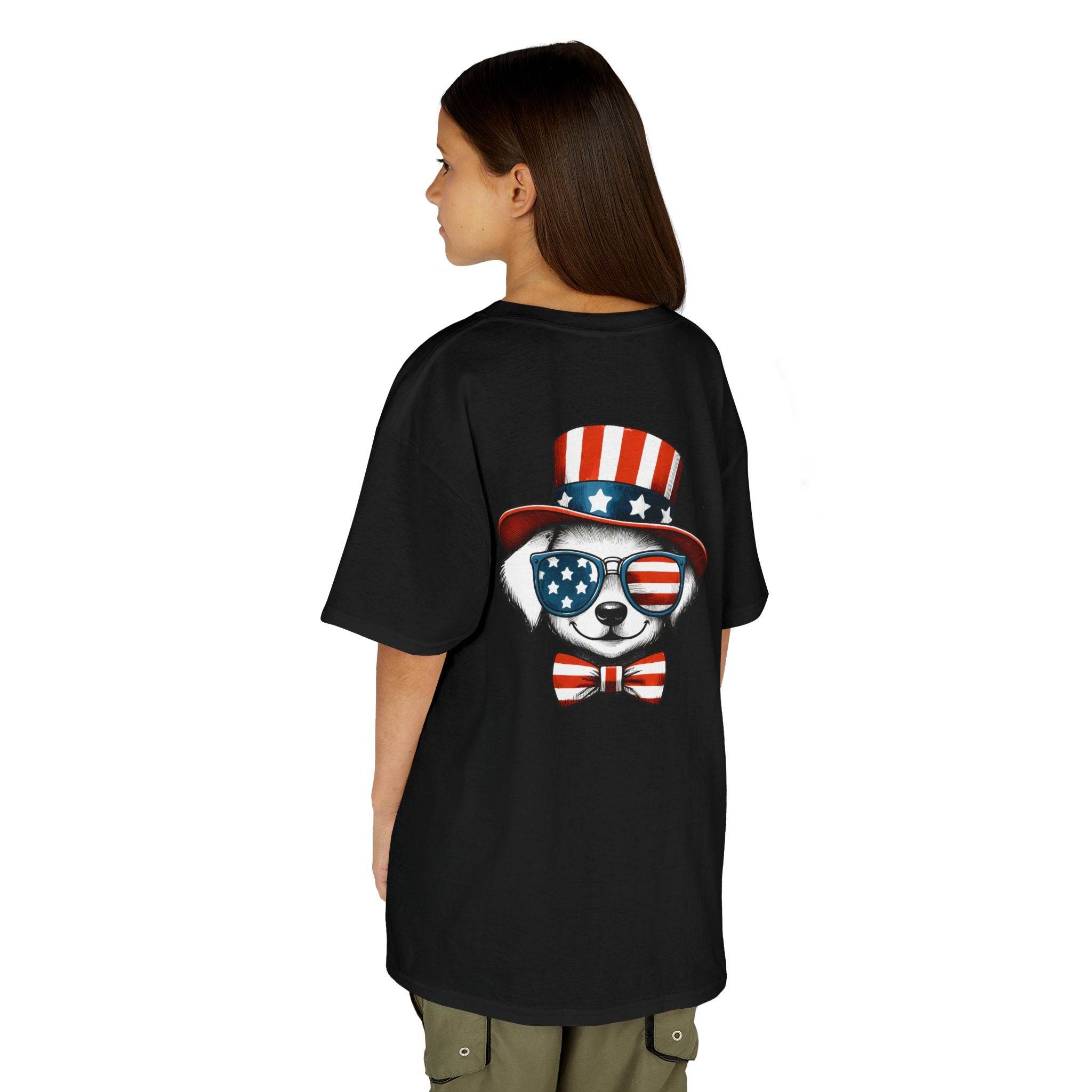 Printify eco-friendly kids t-shirt featuring patriotic dog graphic with American flag sunglasses and hat