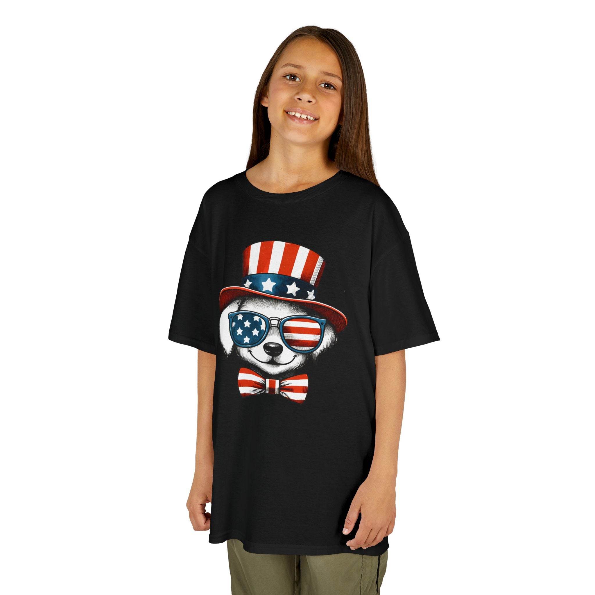 Printify eco-friendly kids t-shirt in black featuring a patriotic bear with American flag sunglasses and hat