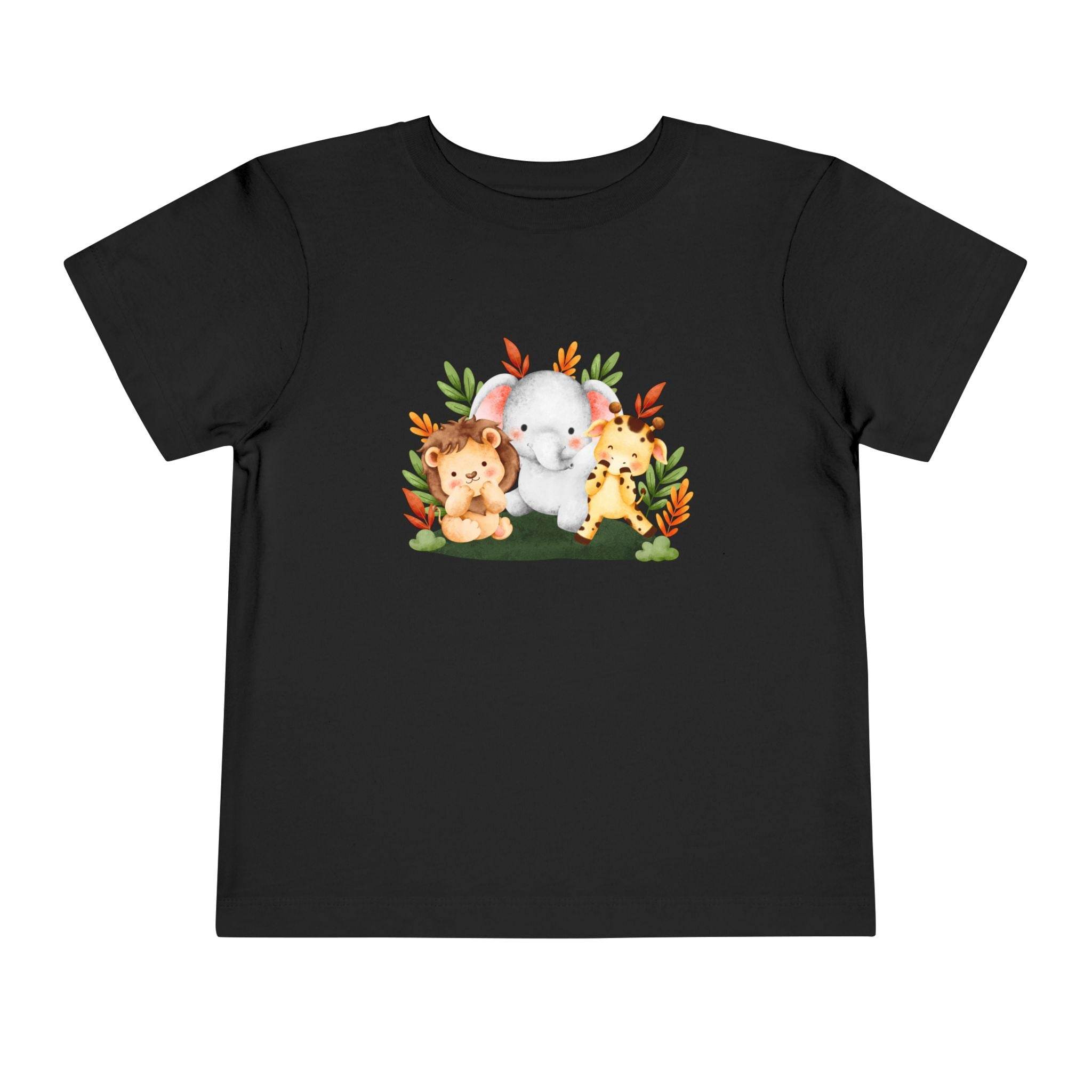 Printify black eco-friendly kids t-shirt with cute animal friends elephant lion and giraffe design