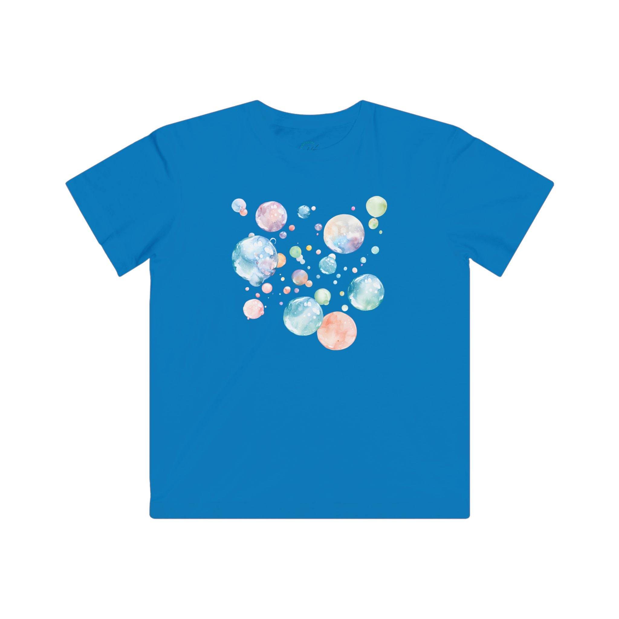 Blue Printify eco-friendly kids t-shirt with colorful bubble design on back