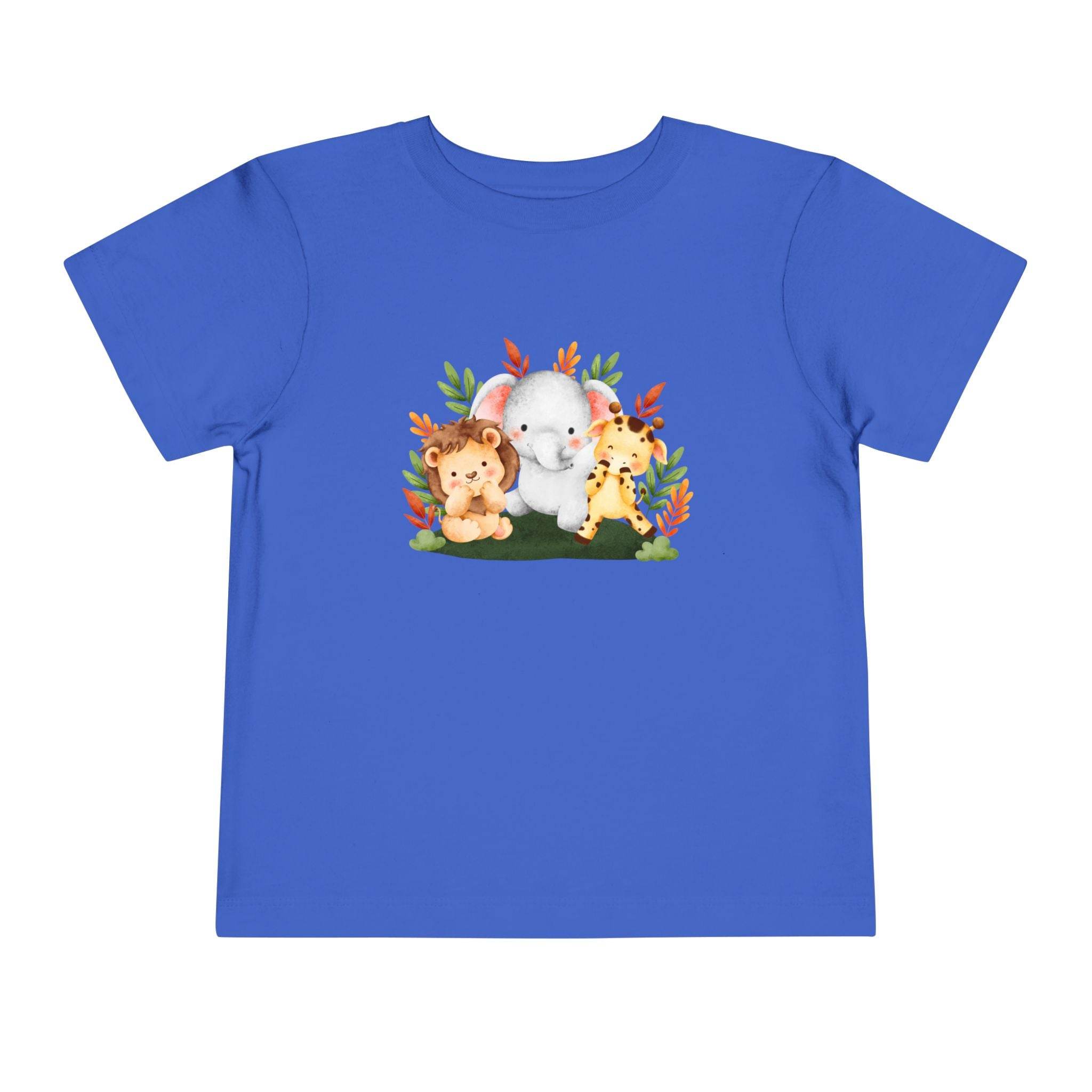 Blue eco-friendly kids t-shirt with cute lion, elephant, and giraffe graphic print