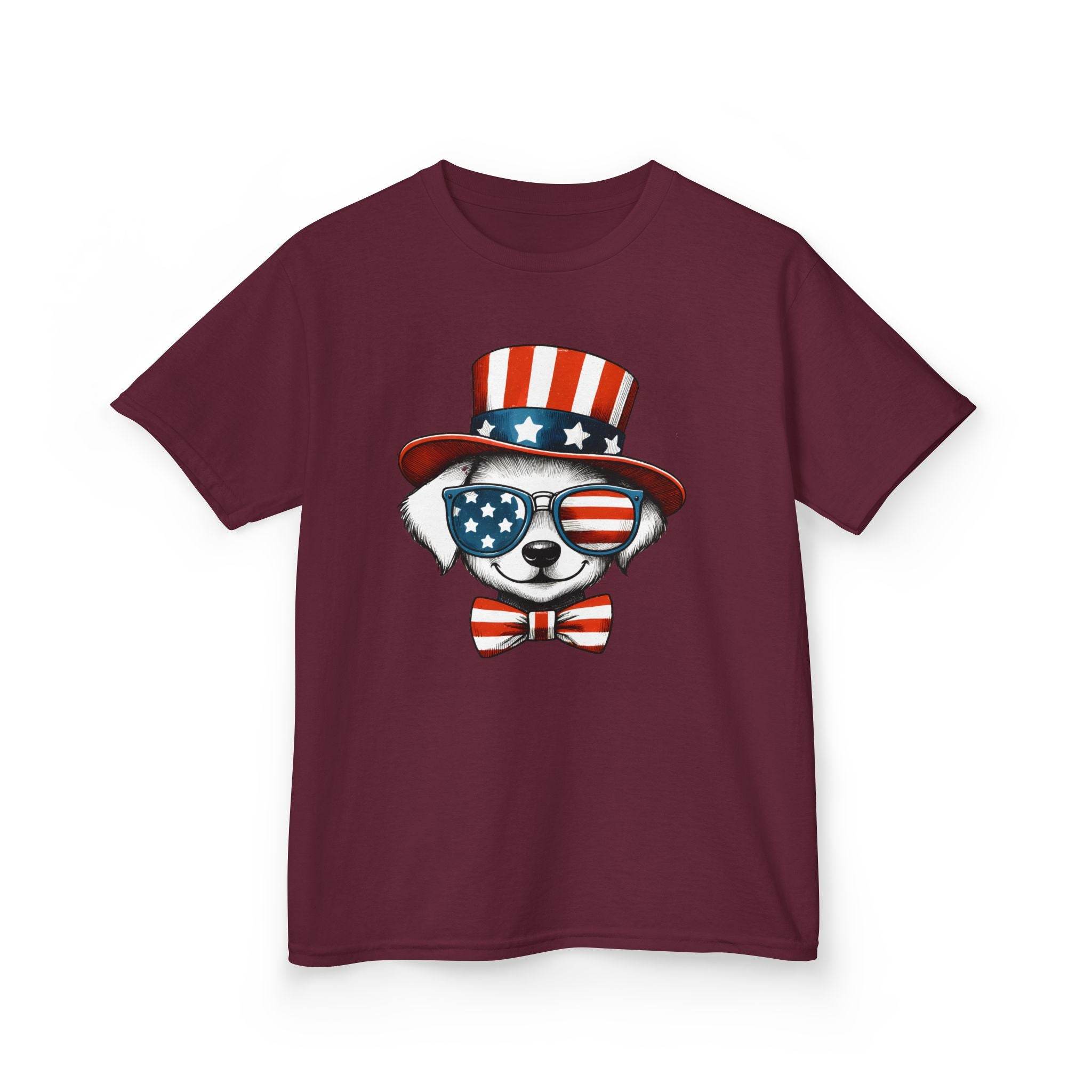 Printify eco-friendly kids t-shirt in maroon with patriotic dog wearing American flag hat and sunglasses