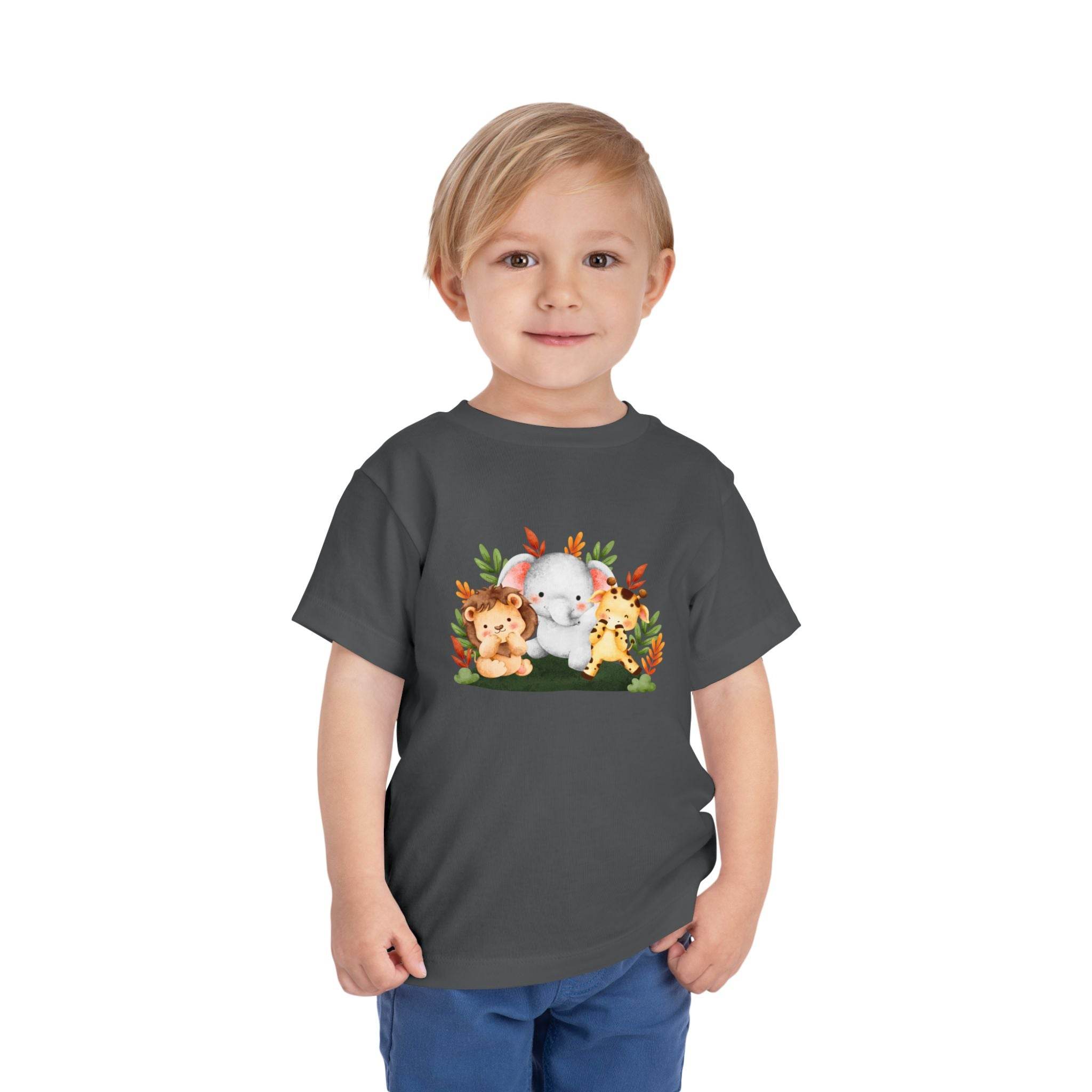 Eco-friendly kids t-shirt by Printify featuring cute jungle animals on a dark gray shirt