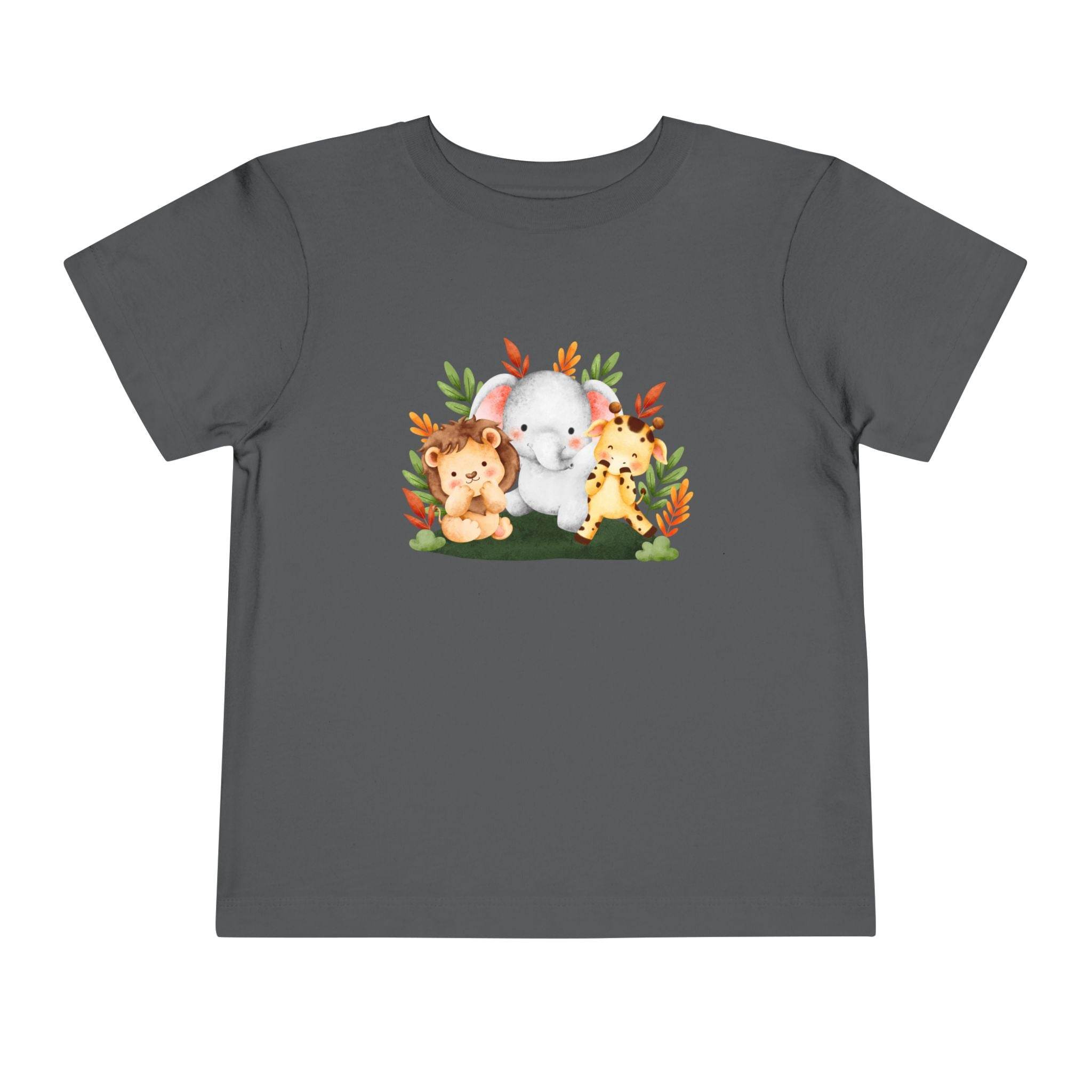 Printify eco-friendly kids t-shirt with cute lion elephant and giraffe cartoon design on gray fabric