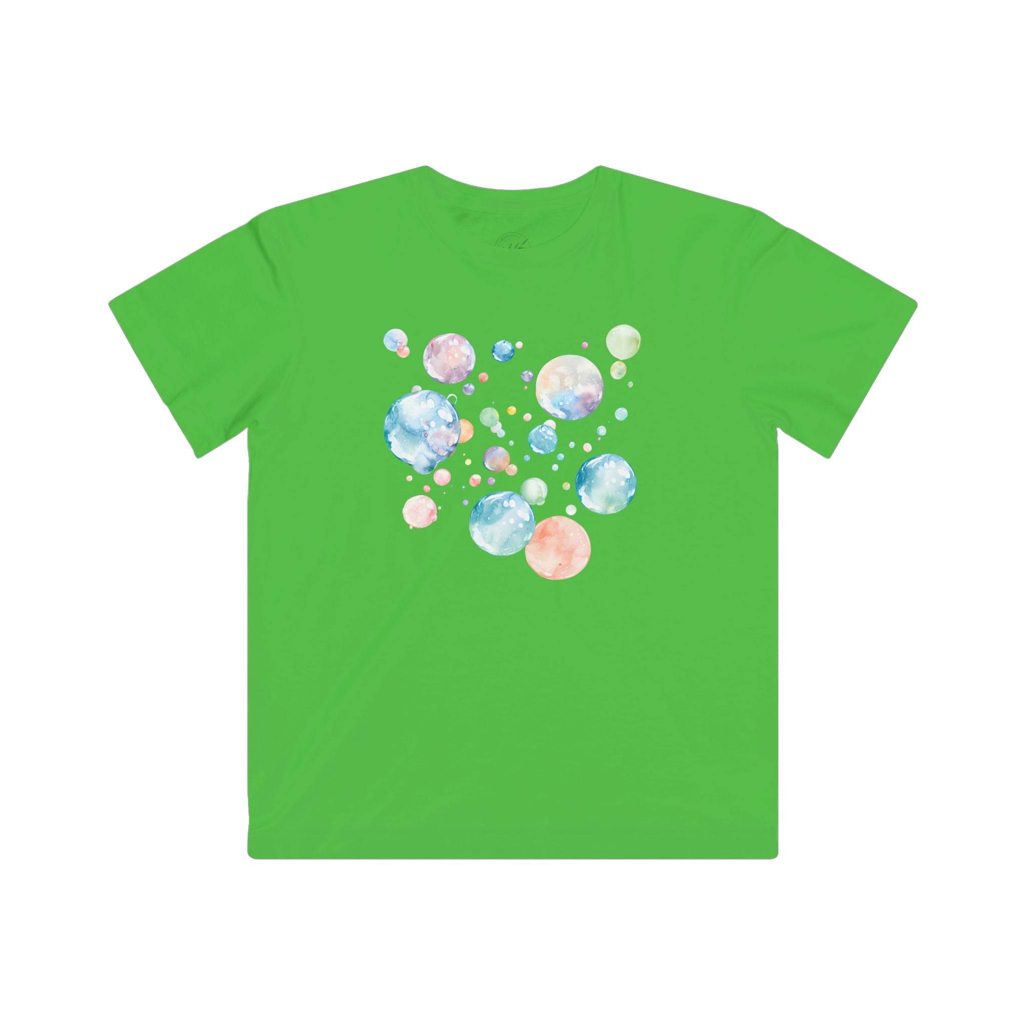 Printify green eco-friendly kids t-shirt with colorful bubble design on the back