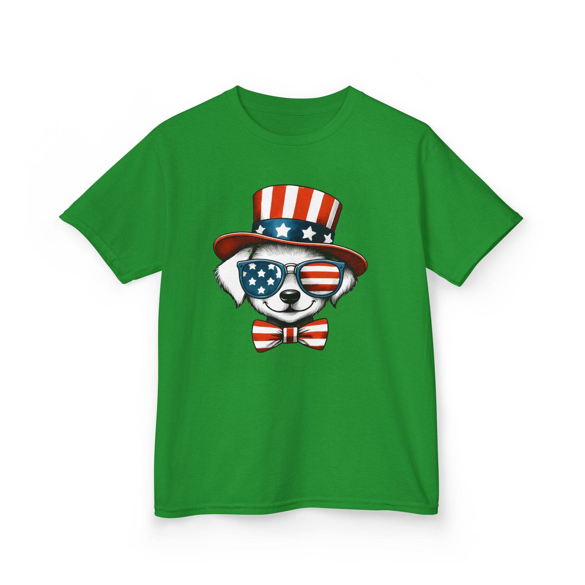 Green eco-friendly kids t-shirt with patriotic dog wearing American flag sunglasses and hat