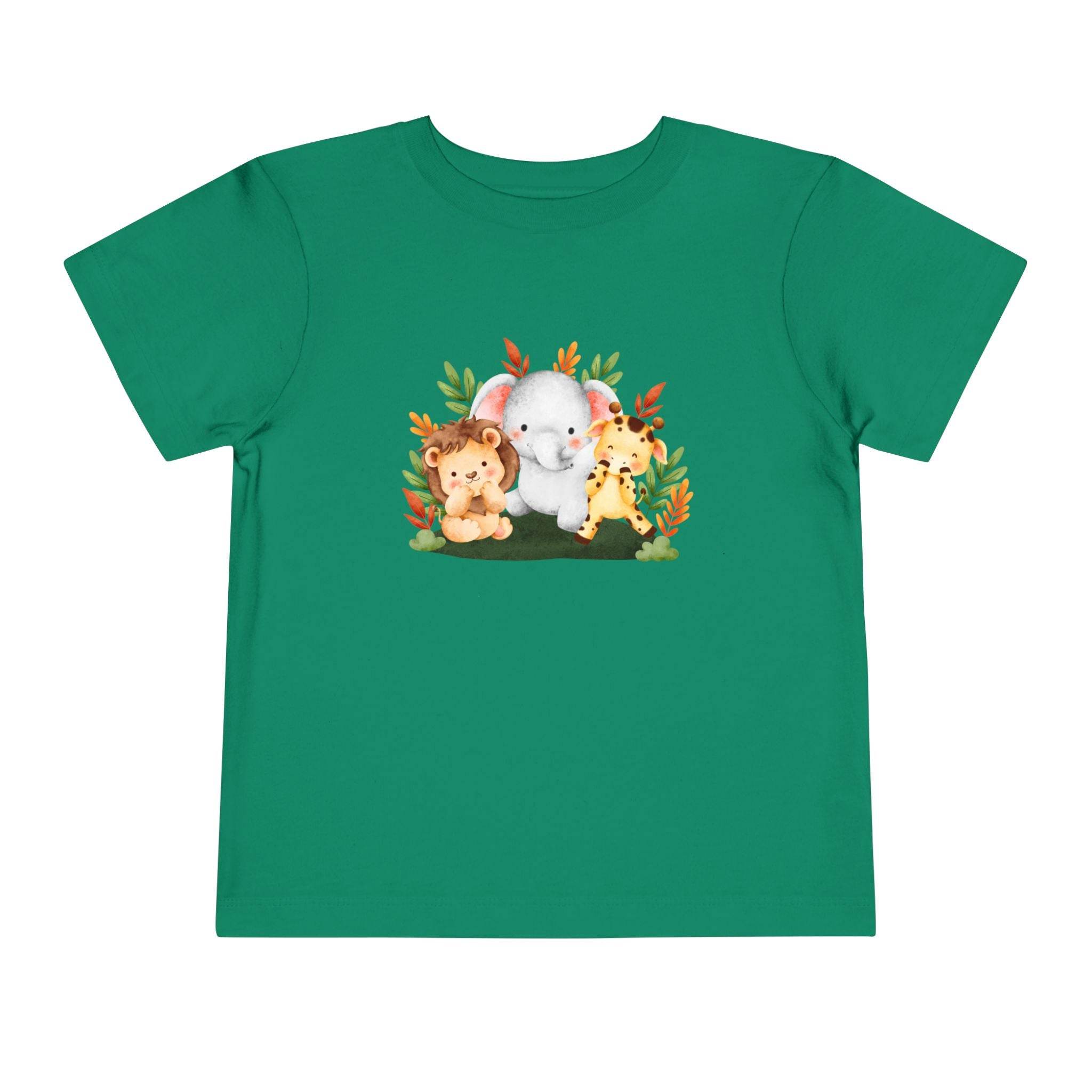 Printify eco-friendly kids t-shirt in green with cute animal design featuring a lion, elephant, and giraffe