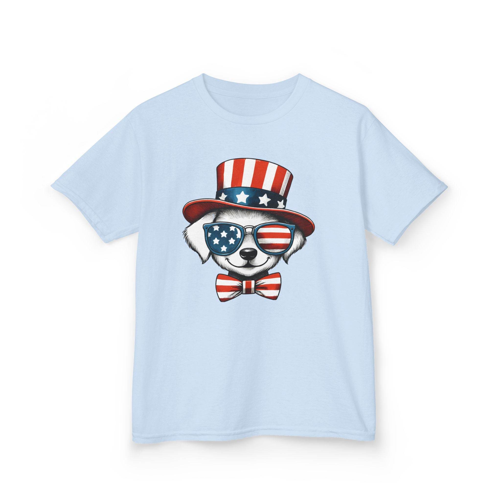 Printify eco-friendly kids t-shirt in light blue with dog wearing American flag hat and sunglasses