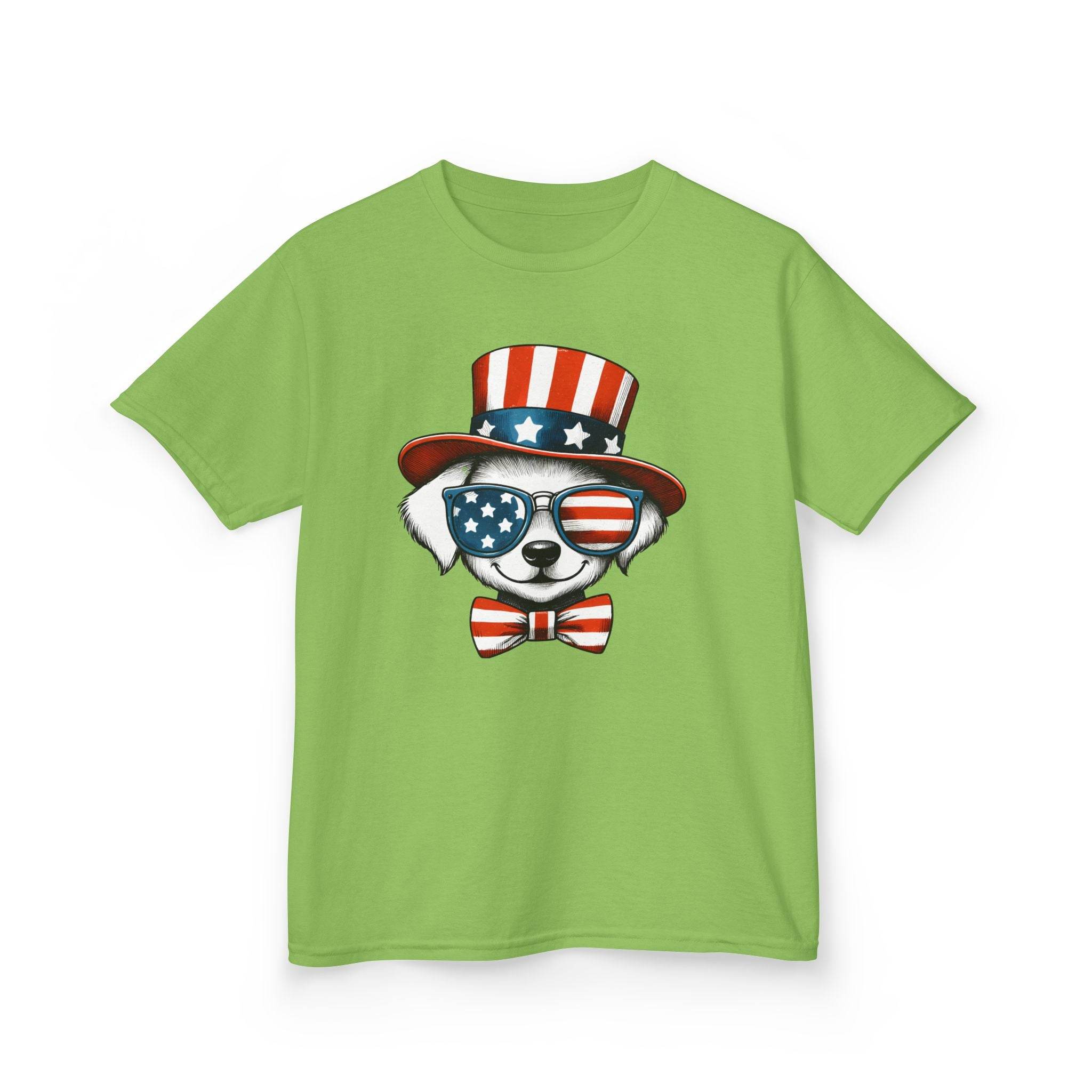 Printify eco-friendly kids t-shirt in green with patriotic dog wearing American flag sunglasses and hat