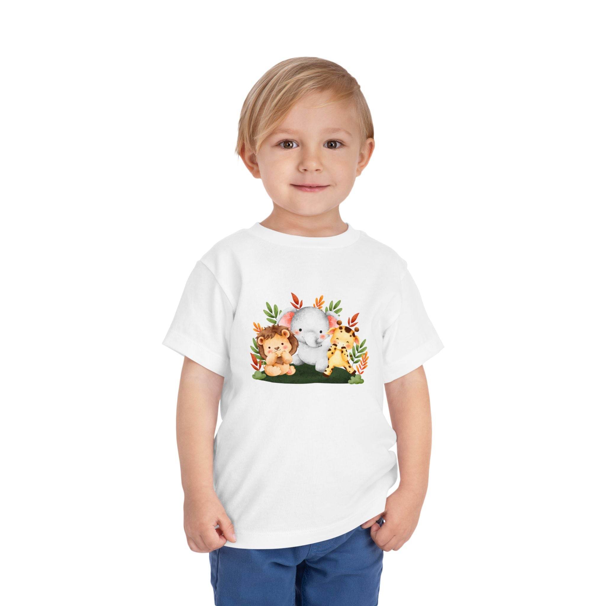 Printify eco-friendly kids t-shirt with cute animal design worn by smiling young boy