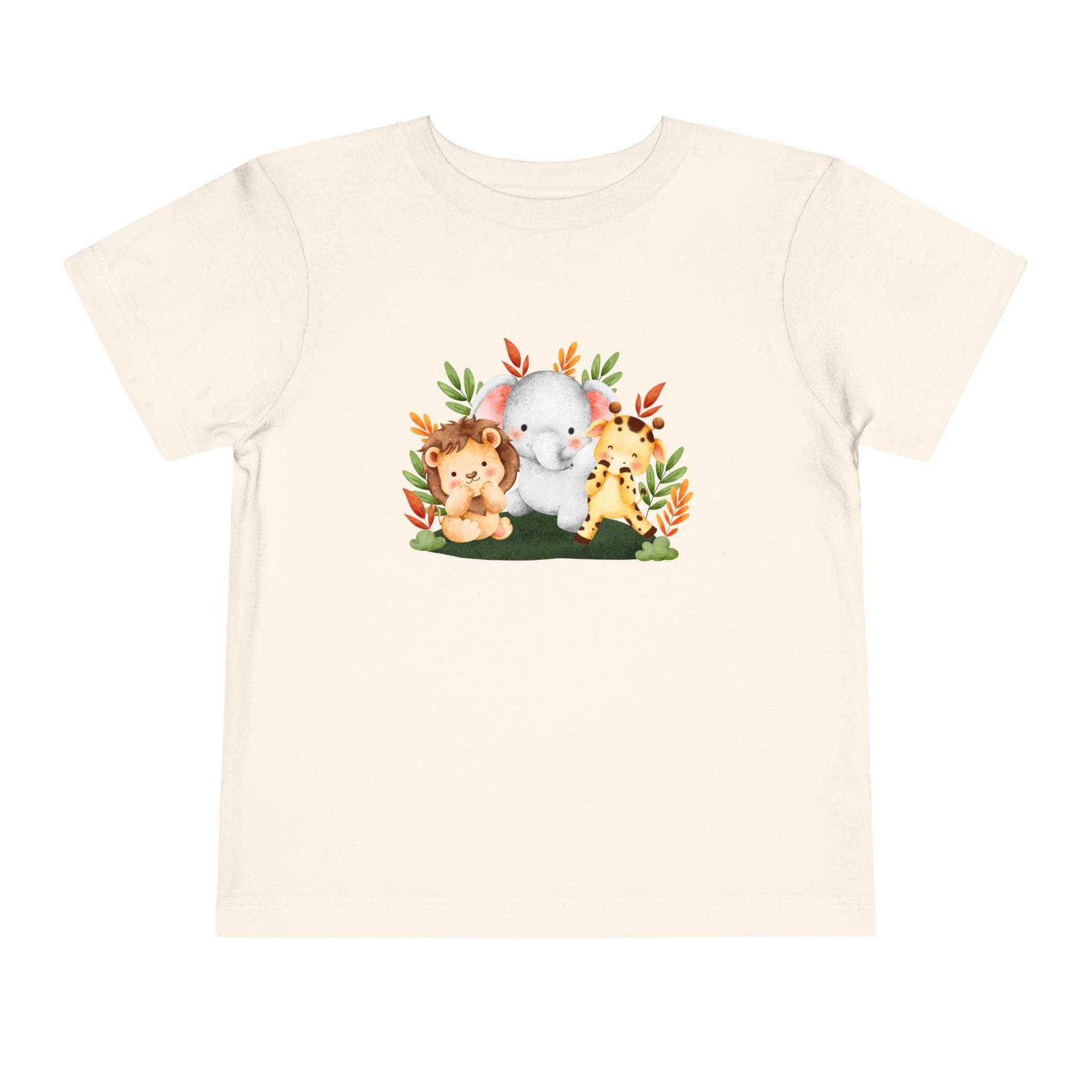 Printify eco-friendly kids t-shirt with cute lion, elephant, and giraffe animal design on cream fabric