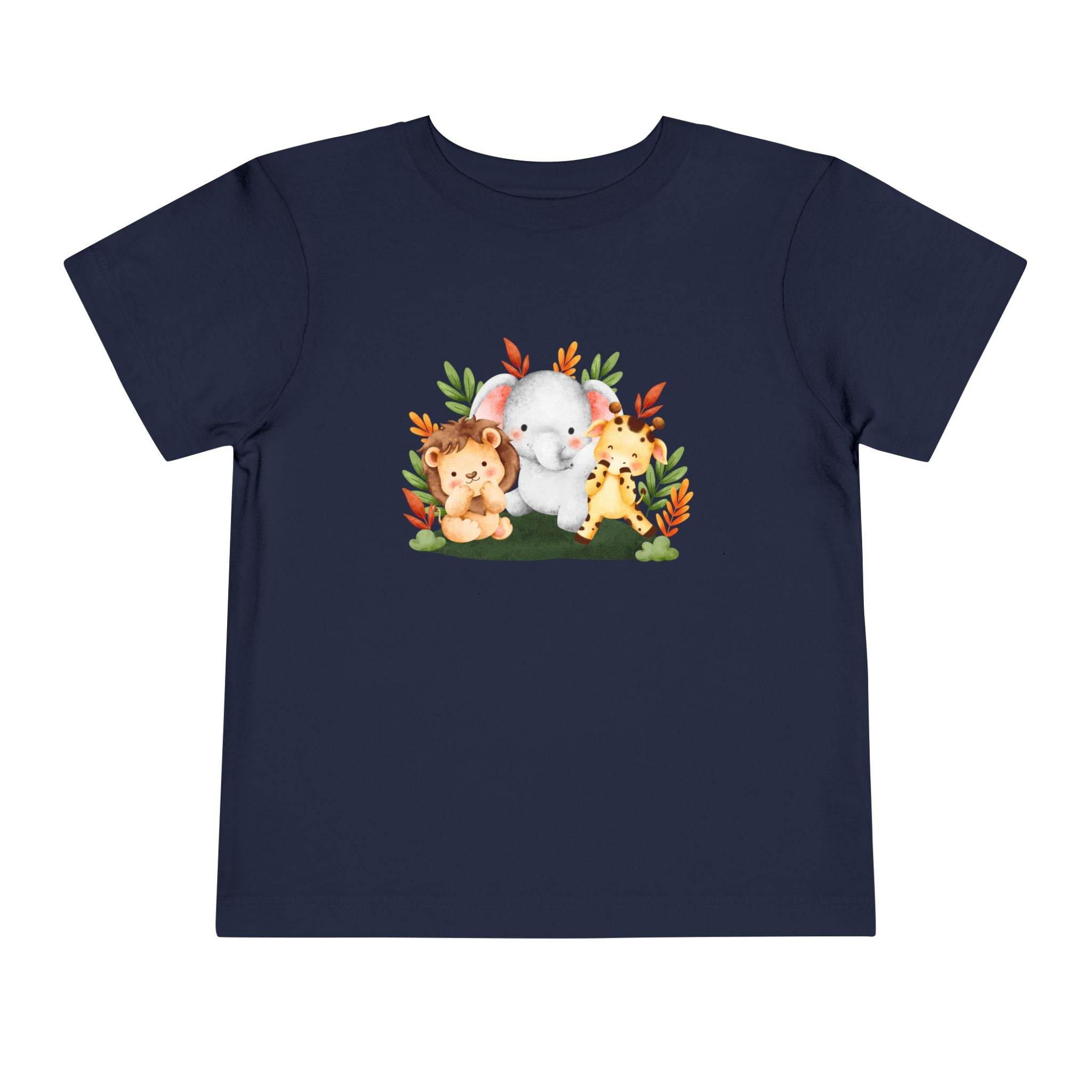 Printify navy blue eco-friendly kids t-shirt with cute lion elephant and giraffe animal design
