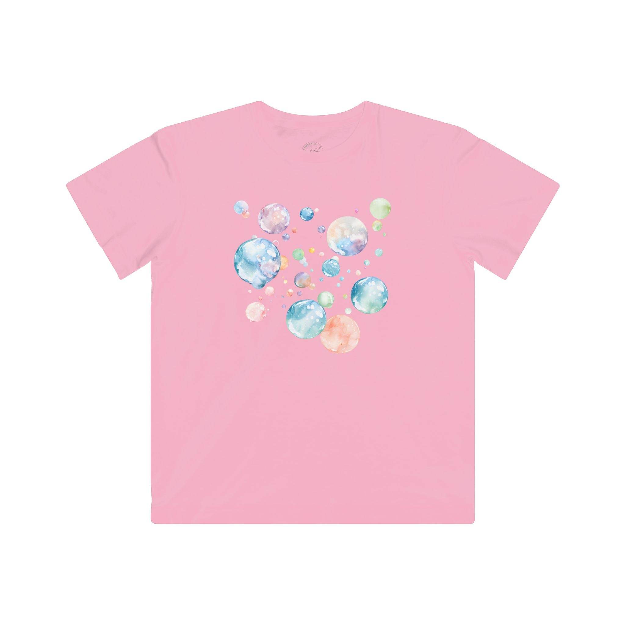 Pink eco-friendly kids t-shirt by Printify with colorful bubble design on front