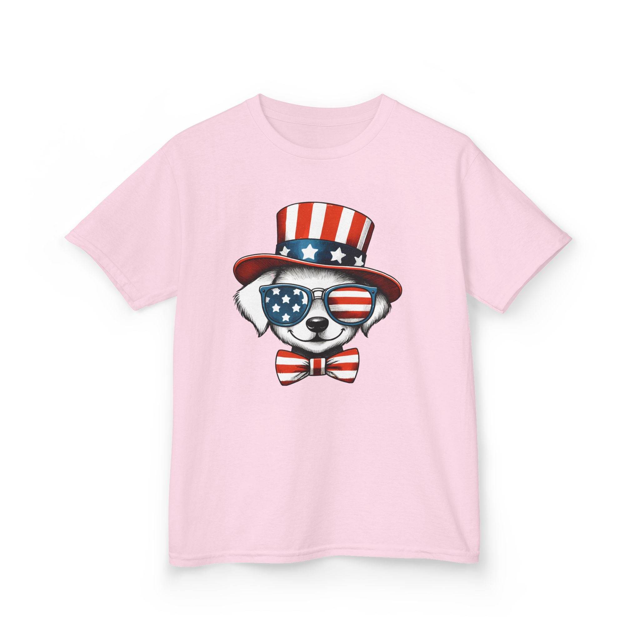 Printify eco-friendly kids t-shirt in pink with patriotic dog wearing American flag sunglasses and hat