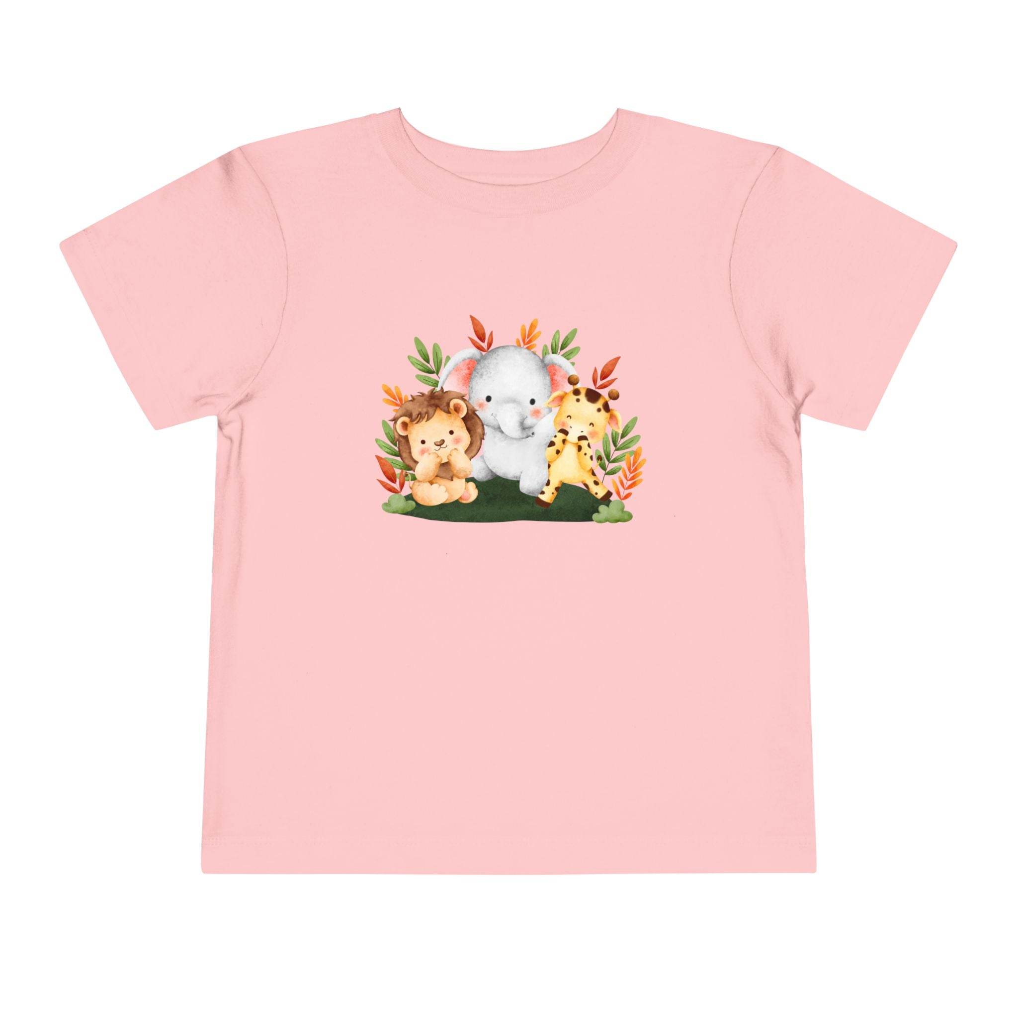 Pink eco-friendly kids t-shirt with cute lion, elephant, and giraffe animal design by Printify