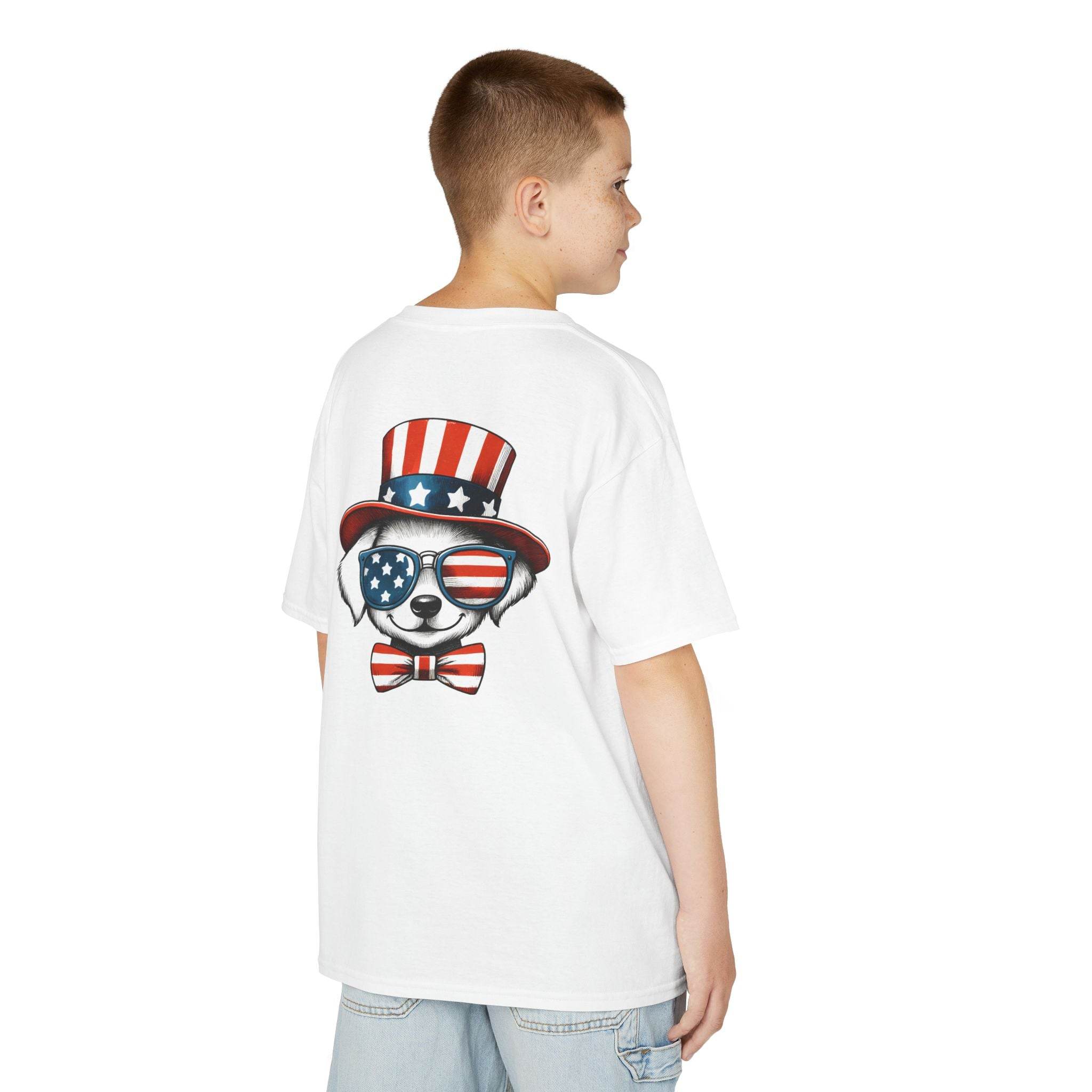 Boy wearing eco-friendly kids t-shirt with USA flag dog print and patriotic design from Printify