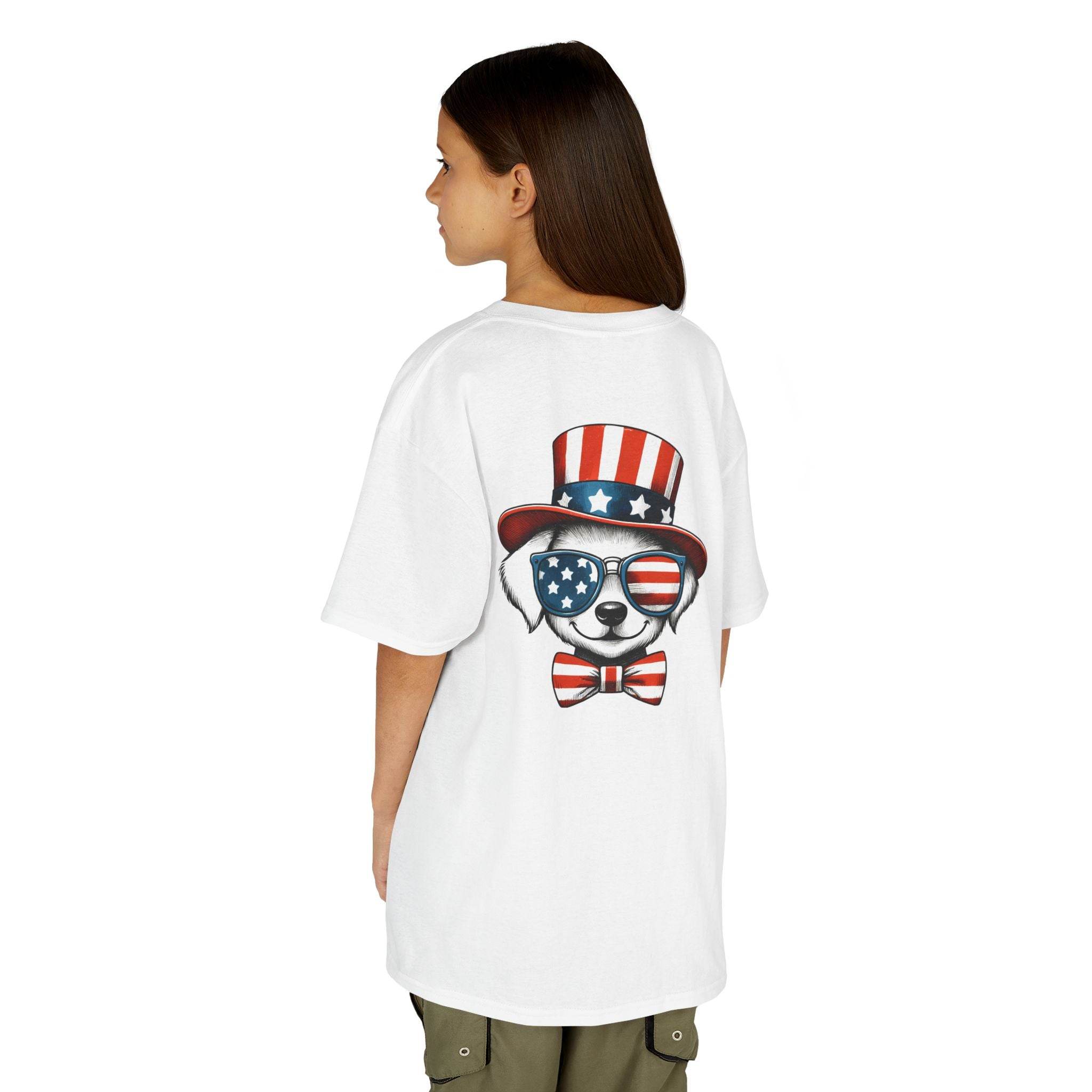 Printify eco-friendly kids t-shirt featuring back print of dog with USA flag sunglasses and patriotic hat