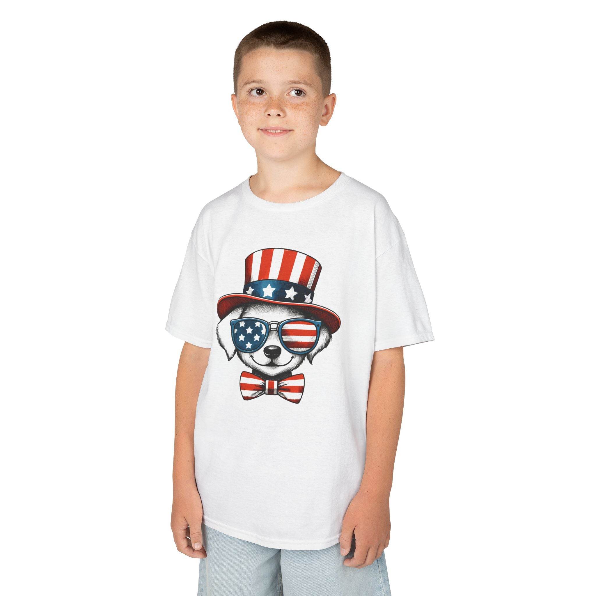 Printify eco-friendly kids t-shirt with patriotic dog wearing stars and stripes sunglasses and hat