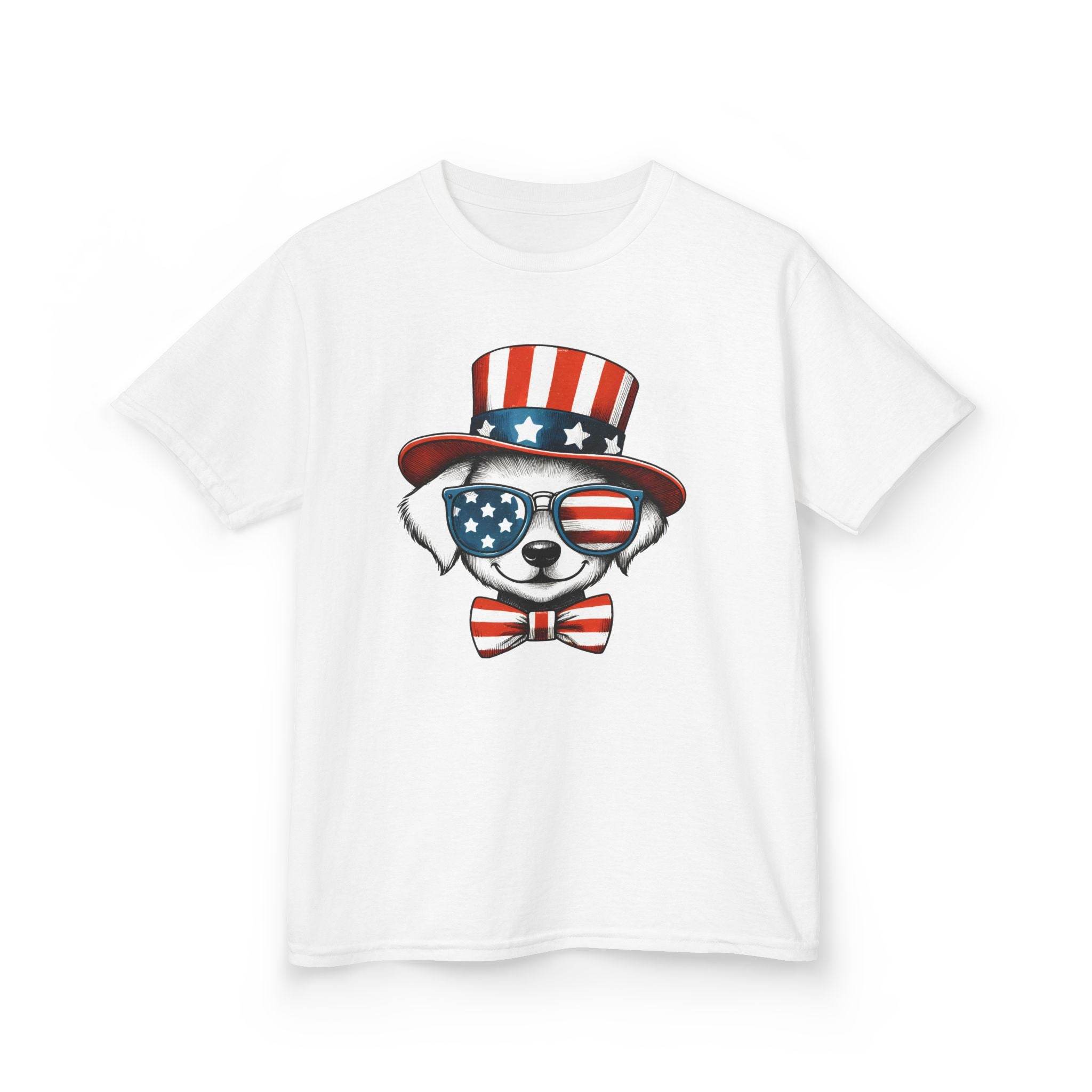 Printify eco-friendly kids t-shirt with patriotic dog wearing American flag sunglasses and hat