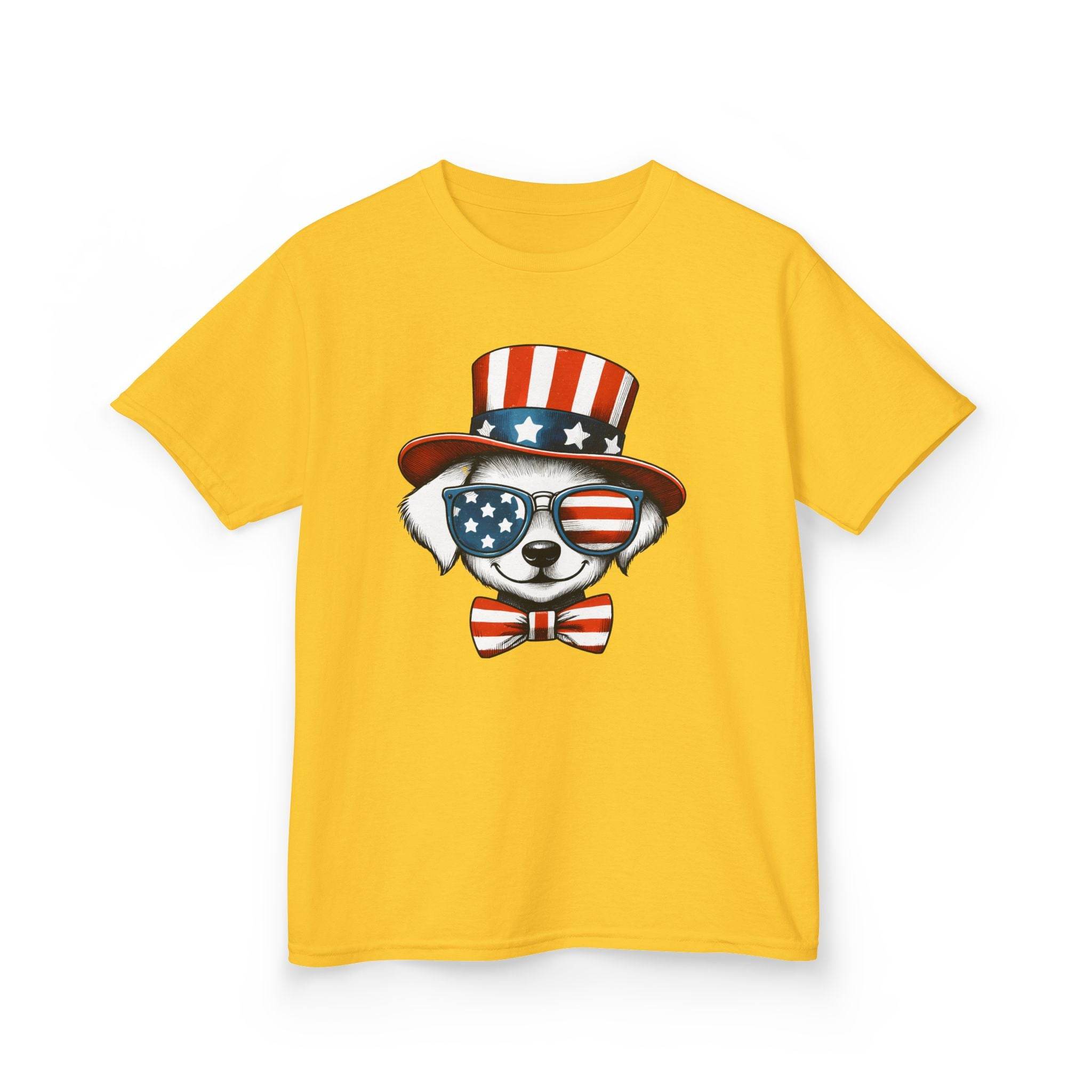 Yellow Printify eco-friendly kids t-shirt with dog wearing patriotic American flag sunglasses and hat