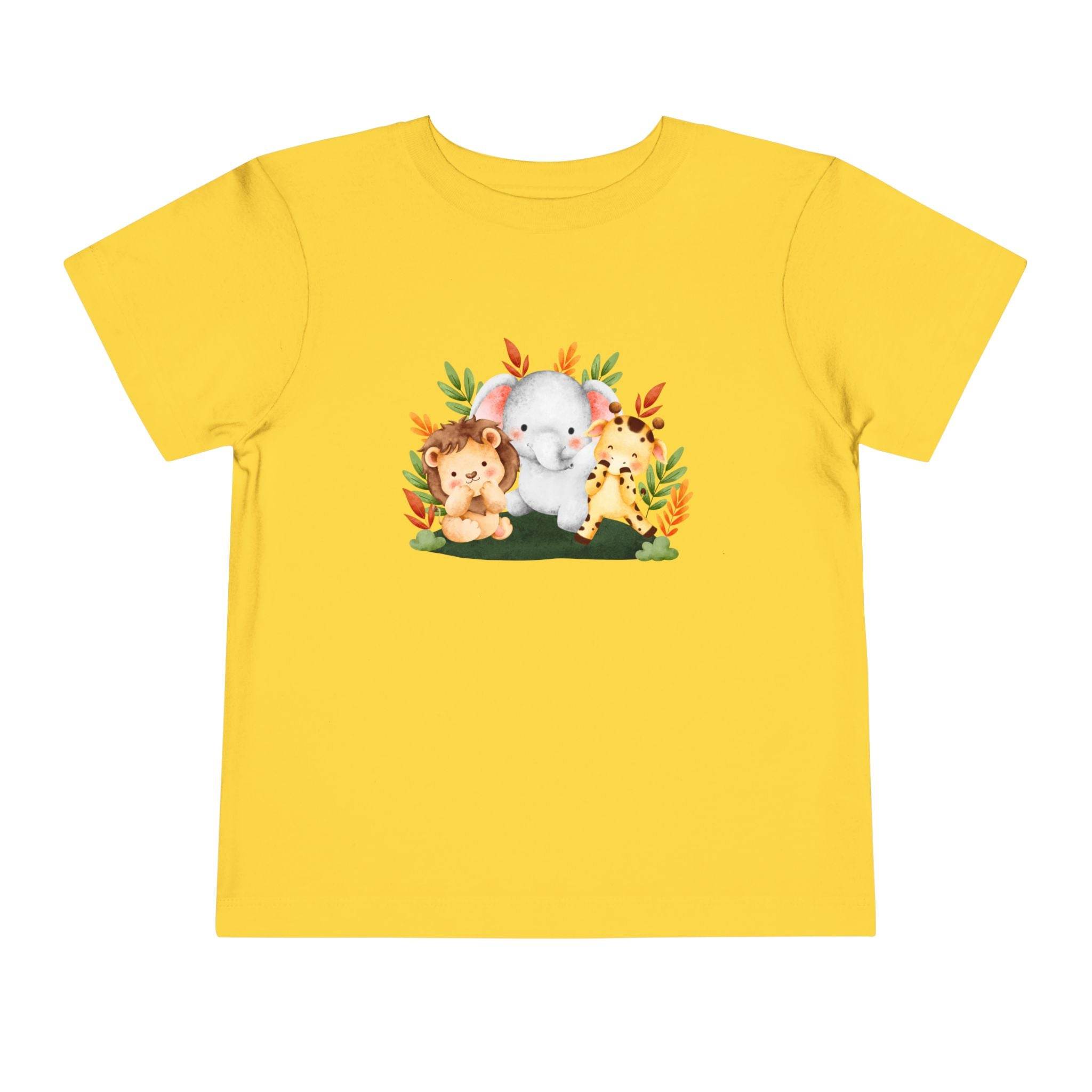 Yellow eco-friendly kids t-shirt with cute lion elephant and giraffe animal print by Printify