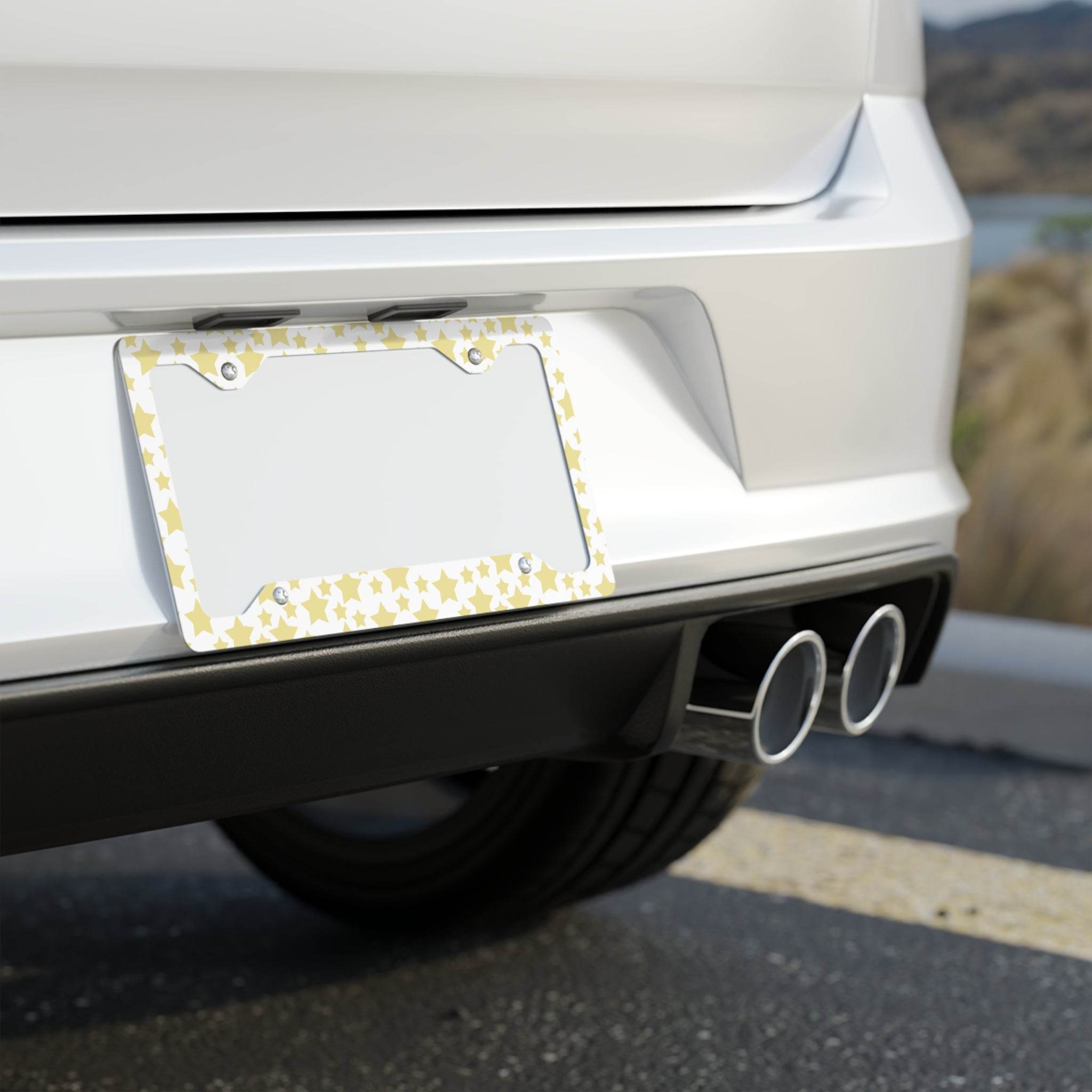 Eco-friendly license plate frame with star pattern on white car rear bumper by Printify