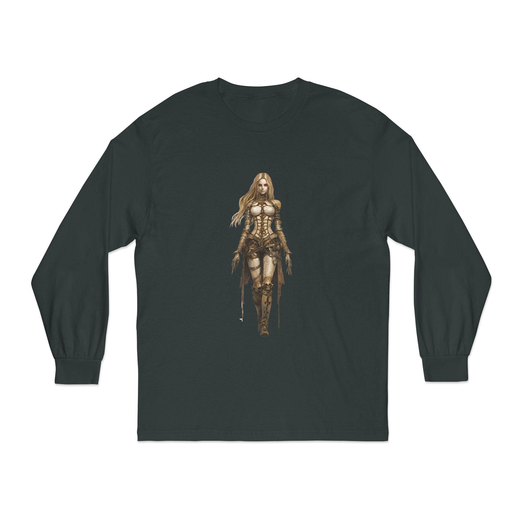 Printify eco-friendly long sleeve shirt in dark color with detailed warrior woman graphic design