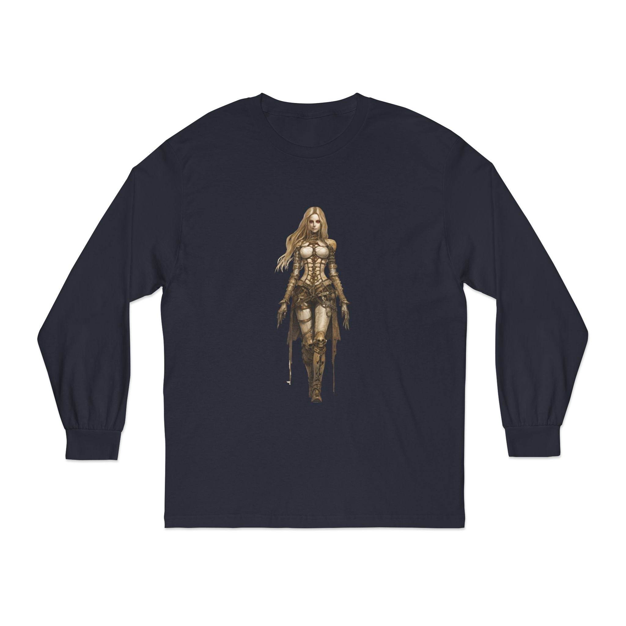 Printify eco-friendly long sleeve shirt in navy with detailed fantasy warrior woman graphic