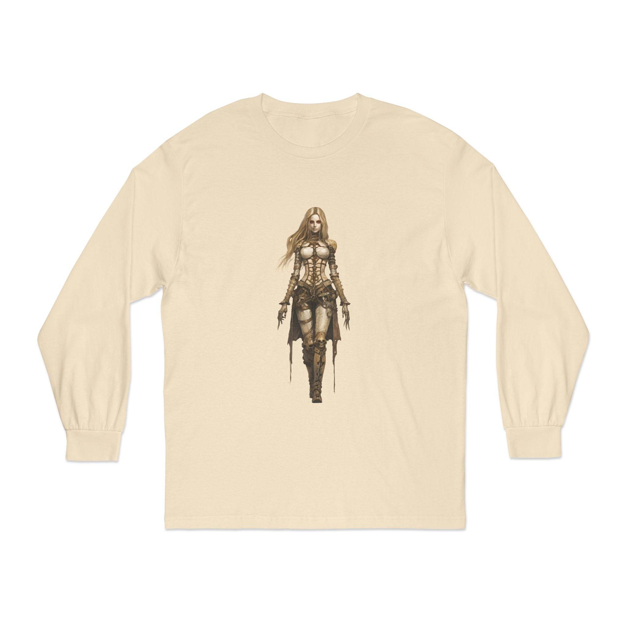 Printify eco-friendly long sleeve shirt in beige with detailed warrior woman graphic design