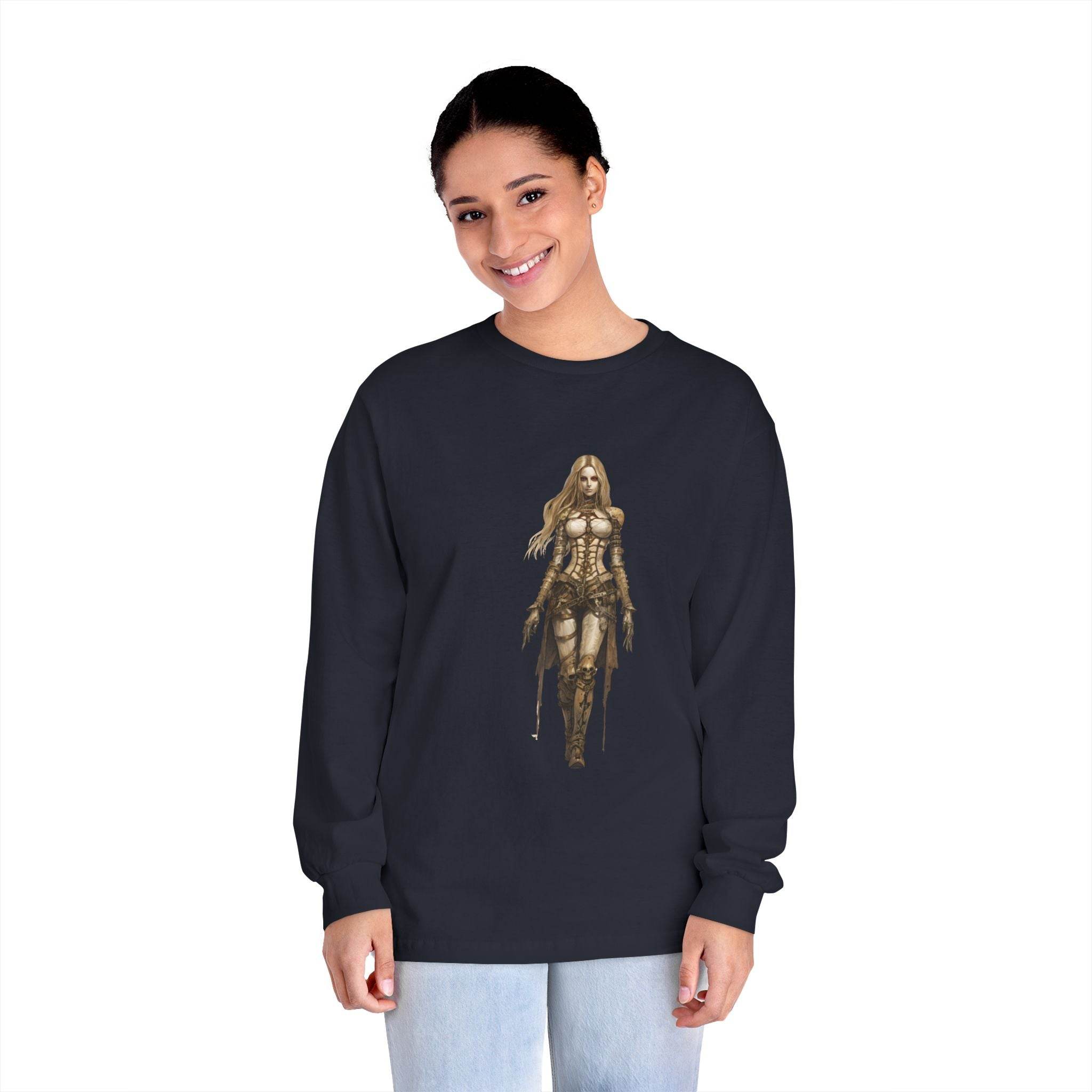 Printify eco-friendly long sleeve shirt in black featuring a detailed gold warrior woman graphic