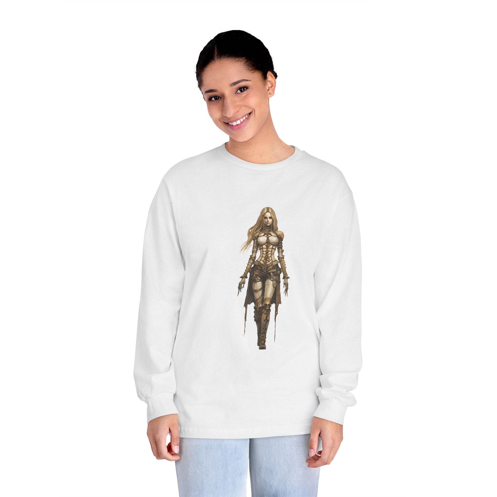 Printify eco-friendly long sleeve shirt with fantasy warrior woman graphic worn by smiling model