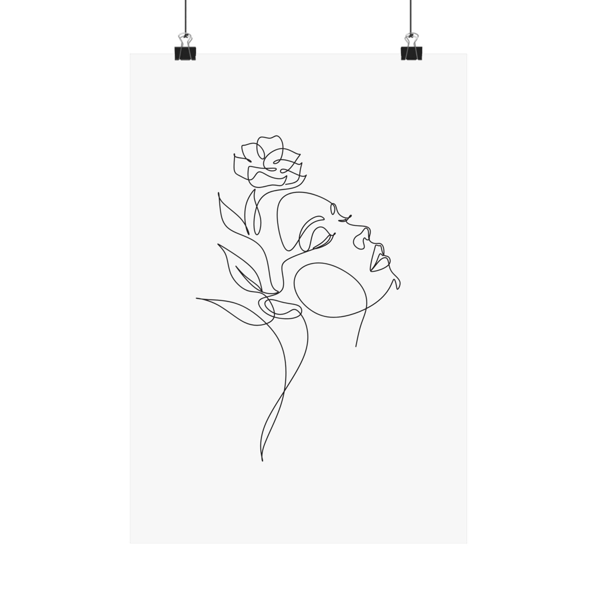 Printify eco-friendly matte posters featuring minimalist continuous line art of a woman with a rose