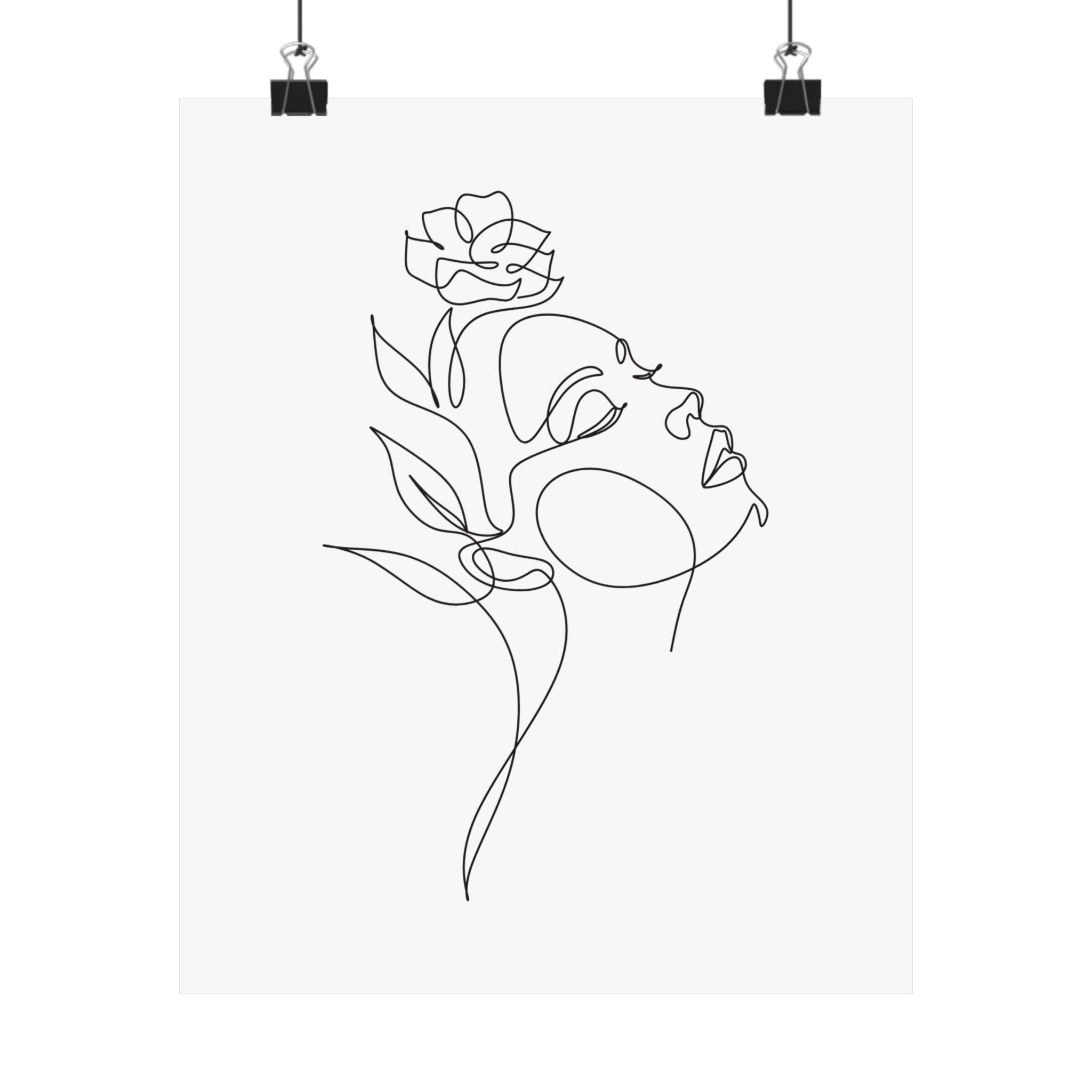 Printify eco-friendly matte posters featuring minimalist line art of a woman face with a flower