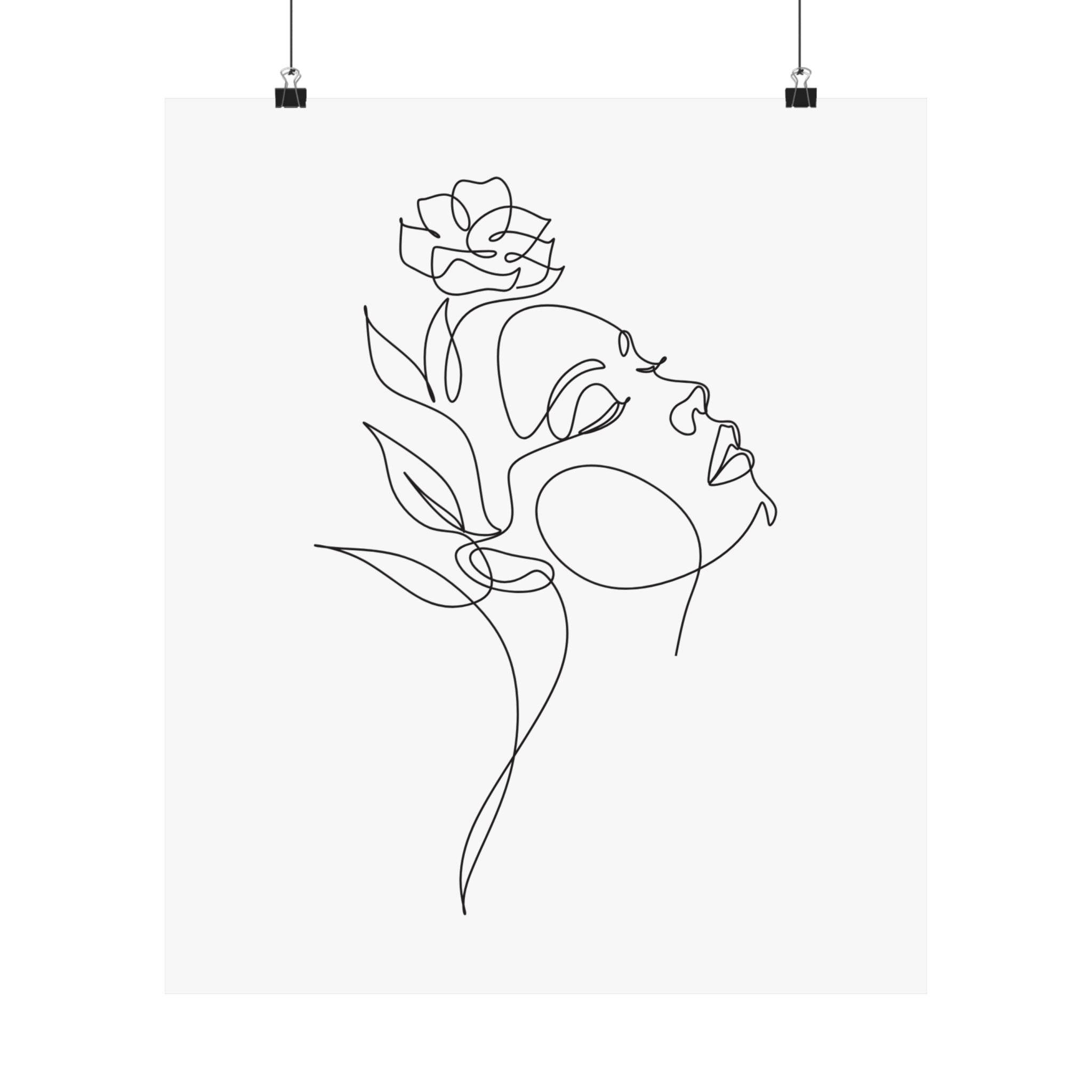 Minimalist continuous line art poster of a female face with a flower by Printify eco-friendly matte posters