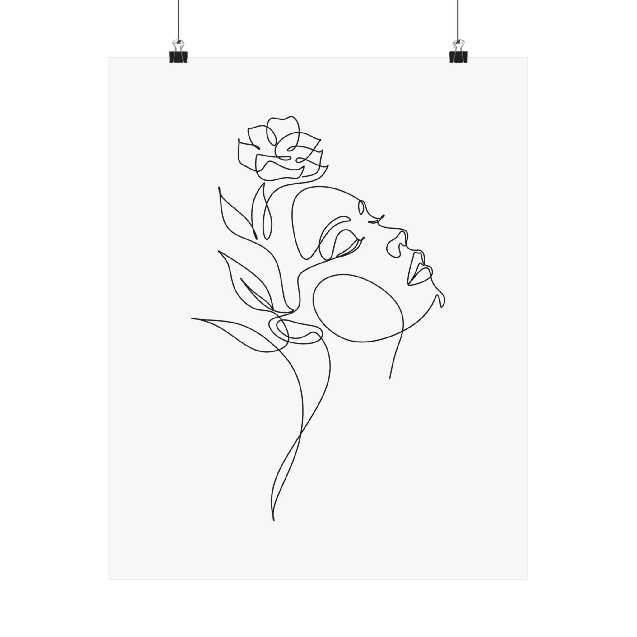 Printify eco-friendly matte posters featuring minimalistic line art of a woman face with a flower