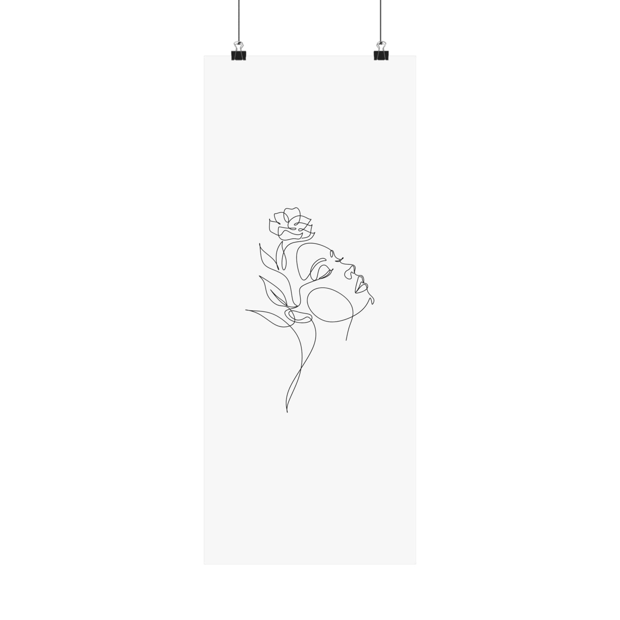 Printify eco-friendly matte posters featuring minimalist line art of a woman with flower on white background